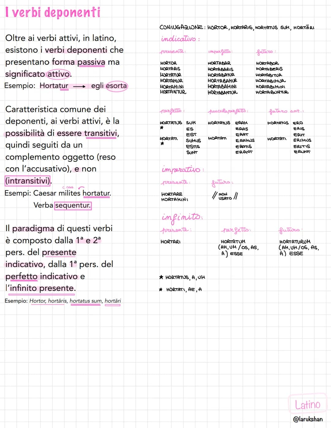 # I verbi deponenti
Oltre ai verbi attivi, in latino,
esistono i verbi deponenti che
presentano forma passiva ma
significato attivo.
Esemp