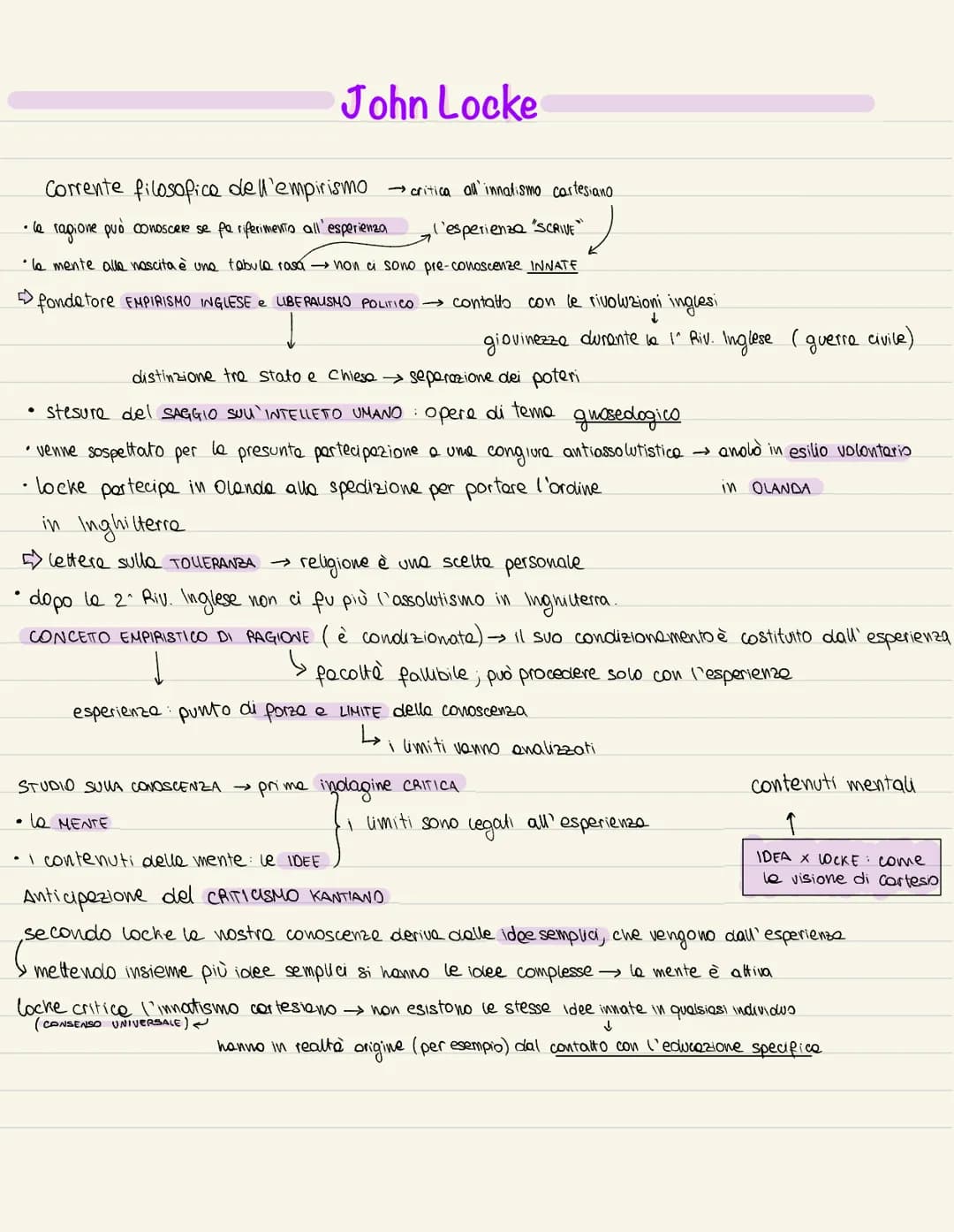 John Locke
Corrente filosofice dell'empirismo critica all' innatismo cartesiano
• la ragione può conoscere se pe riferimento all'esperienz