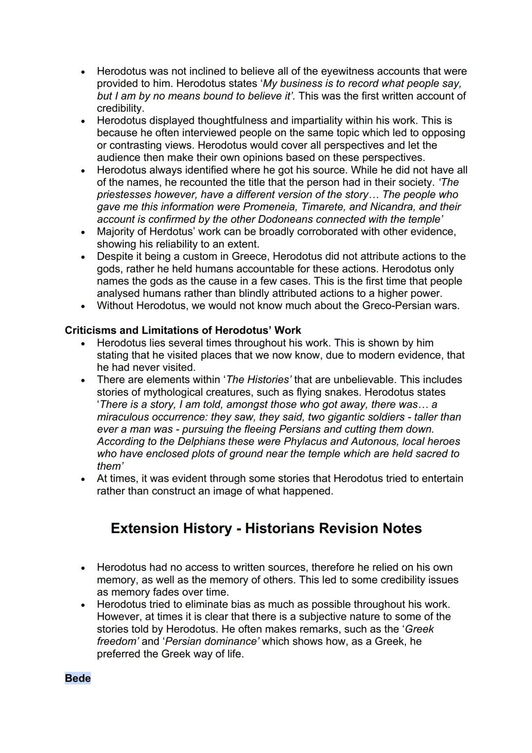 # Extension History - Historians Revision Notes
Herodotus of Halicarnassus
Personal Context:
- Herodotus was born in 484 BC in the Greek Sta