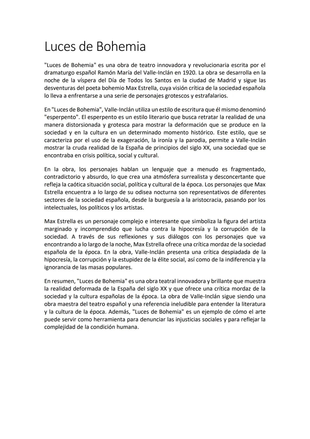 # Luces de Bohemia
"Luces de Bohemia" es una obra de teatro innovadora y revolucionaria escrita por el
dramaturgo español Ramón María del V