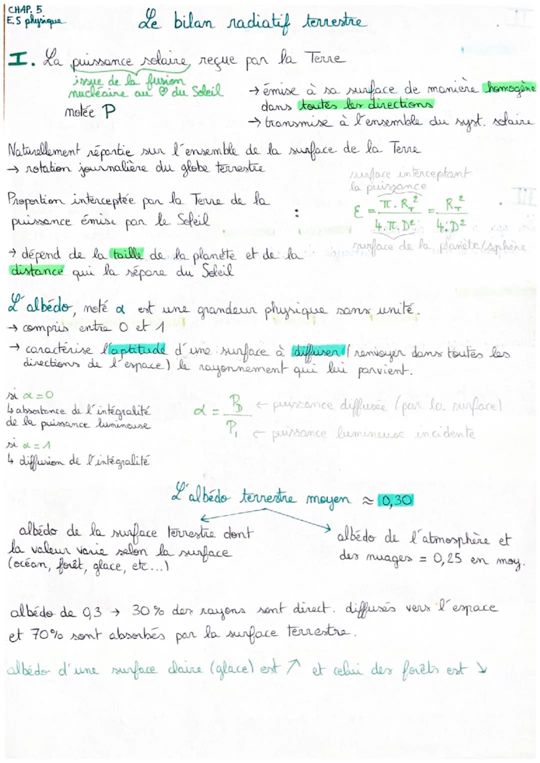 CHAP, 5
E.S physique
Le bilan radiatif terrestre
I. La puissance solaire, reçue par la Terre
issue de la fusion
nucléaire au du Soleil
m