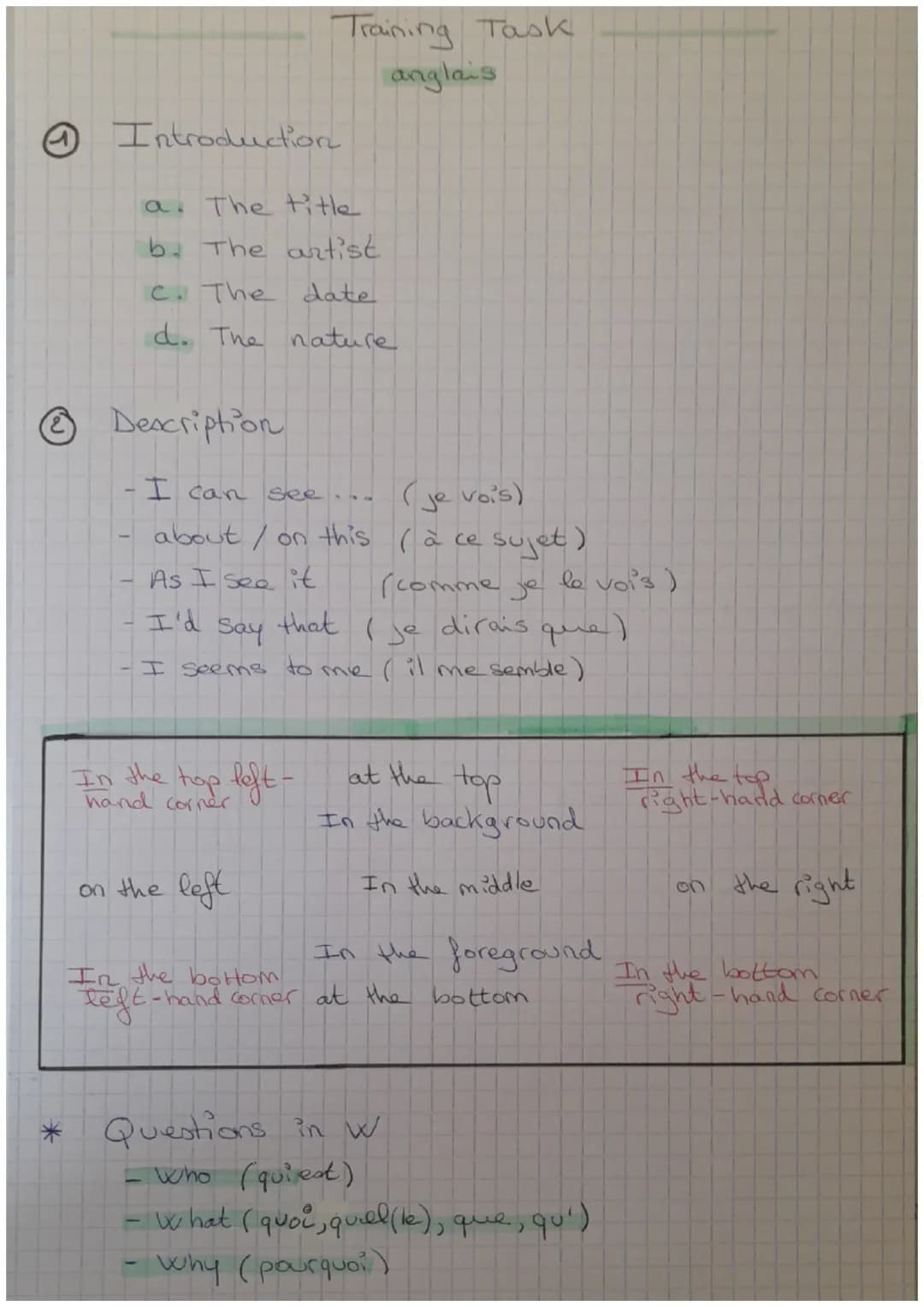Training Task
anglais
Introduction
a. The title
b. The artist
c. The date
d. The nature
Description
- I can see... (je vois)
- about / on