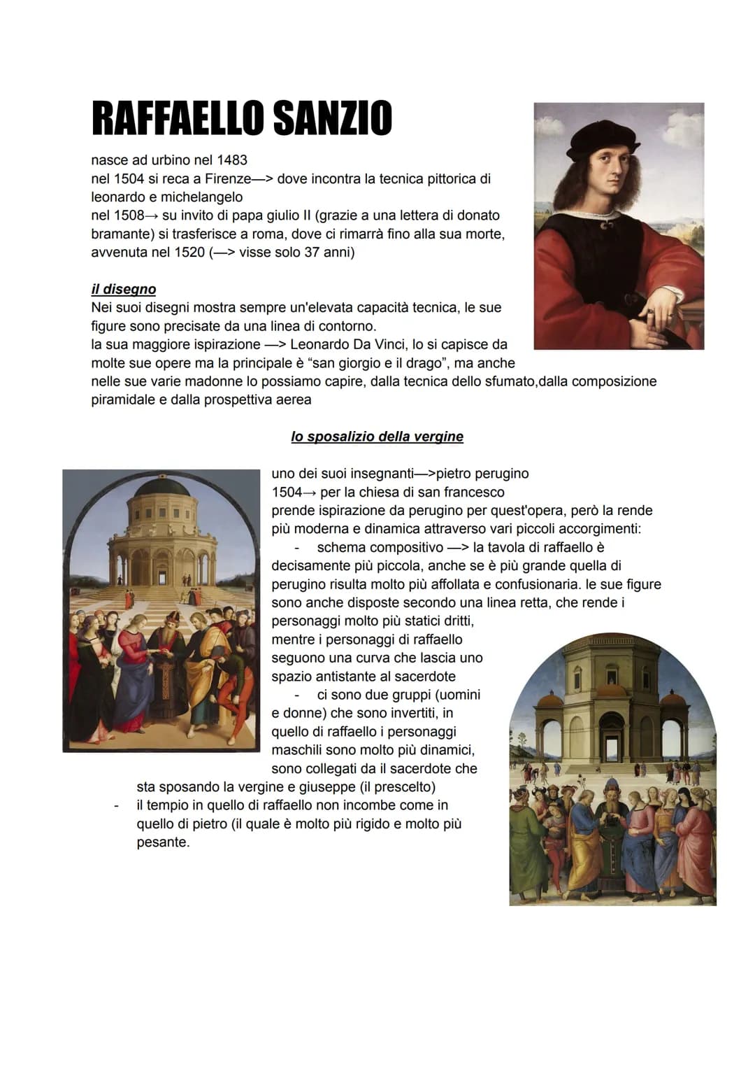 # RAFFAELLO SANZIO
nasce ad urbino nel 1483
nel 1504 si reca a Firenze-> dove incontra la tecnica pittorica di
leonardo e michelangelo
nel