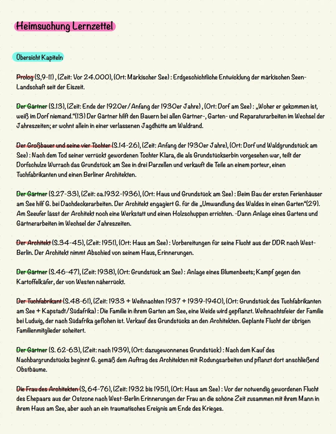 # Heimsuchung Lernzettel
Übersicht Kapiteln
Prolog (S,9-11), (Zeit: Vor 24.000), (Ort: Märkischer See): Erdgeschichtliche Entwicklung der