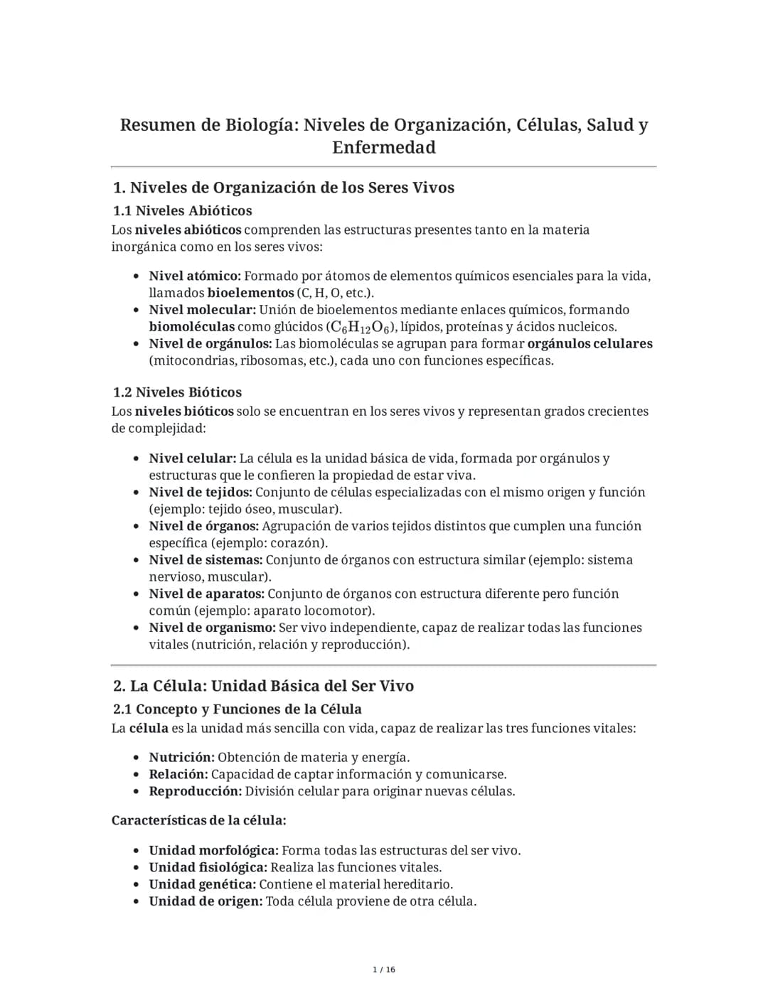 Resumen de Biología: Niveles de Organización, Células, Salud y
Enfermedad
1. Niveles de Organización de los Seres Vivos
1.1 Niveles Abiótico