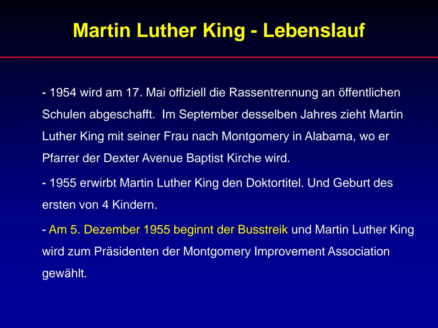 # Martin Luther King
Referat Martin Luther King
1. Lebenslauf
2. Wichtige Ereignisse während der Zeit von
Martin Luther King
3. Rede „I ha