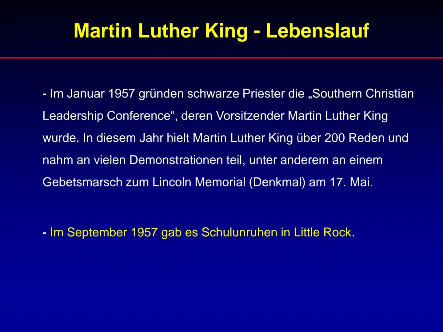 # Martin Luther King
Referat Martin Luther King
1. Lebenslauf
2. Wichtige Ereignisse während der Zeit von
Martin Luther King
3. Rede „I ha