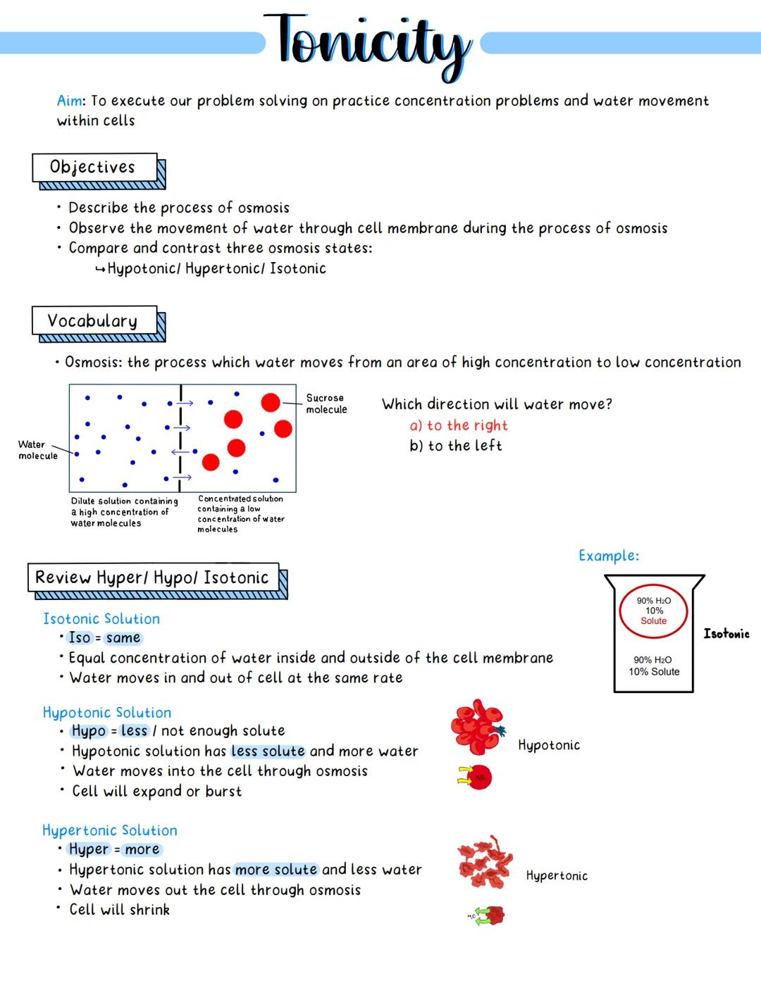 # Tonicity
Aim: To execute our problem solving on practice concentration problems and water movement
within cells
Objectives
* Describe