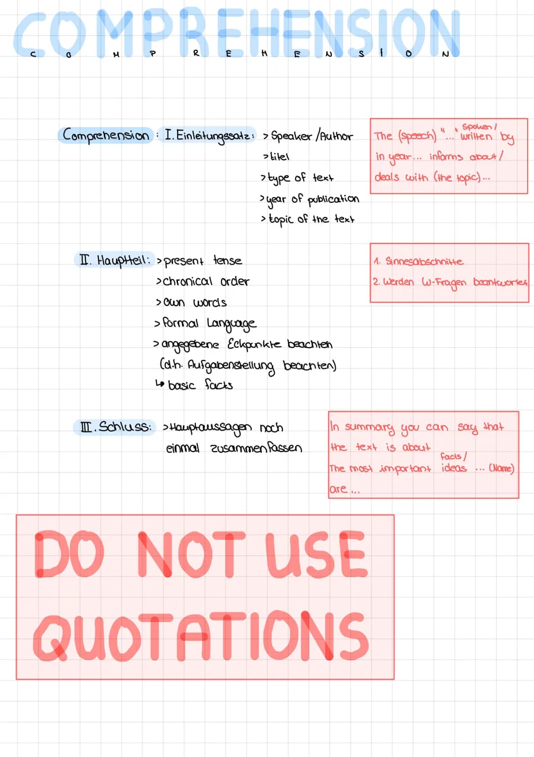 # COMPREHENSION
Comprehension: I. Einleitungssatz: > Speaker/Author
>titel
>type of text
> year of publication
> topic of the text
II.
