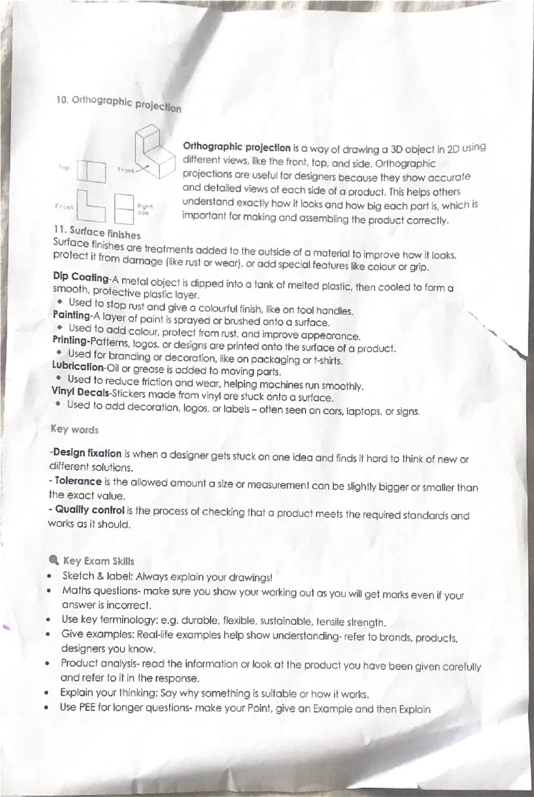 6
4
5
Year 10 Revision Sheet
1. Materials and their Properties
Timber (Wood):
-Comes in softwood (e.g. pine) and hardwood (e.g. oak). Used f