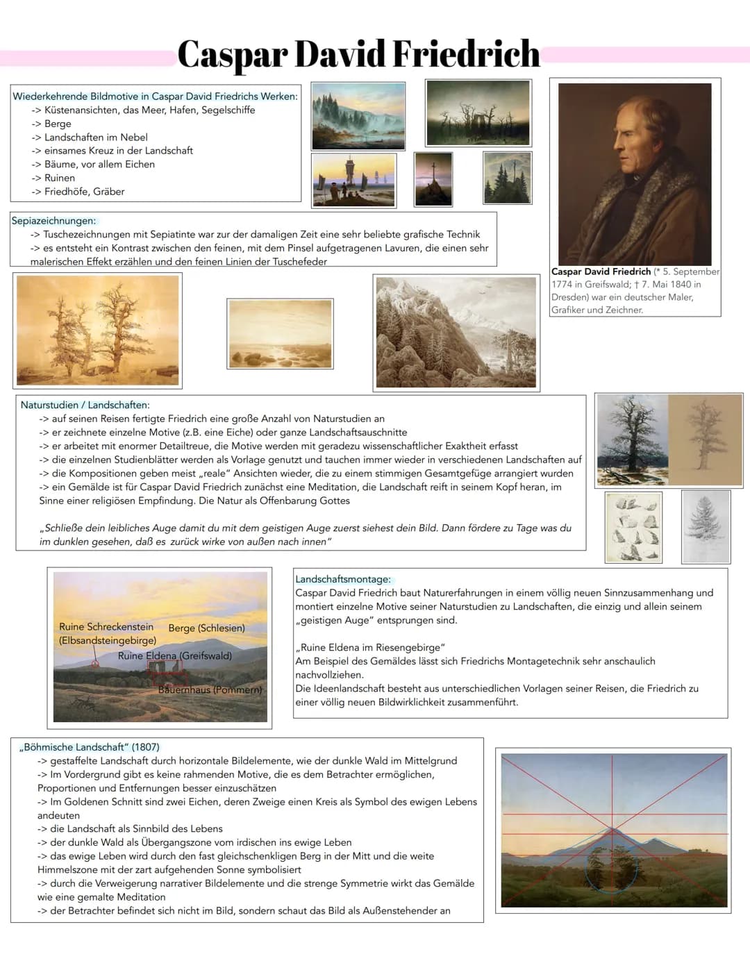 <h2>Wiederkehrende Bildmotive in Caspar David Friedrichs Werken</h2>
<p>In Caspar David Friedrichs Werken finden sich wiederkehrende Bildmo