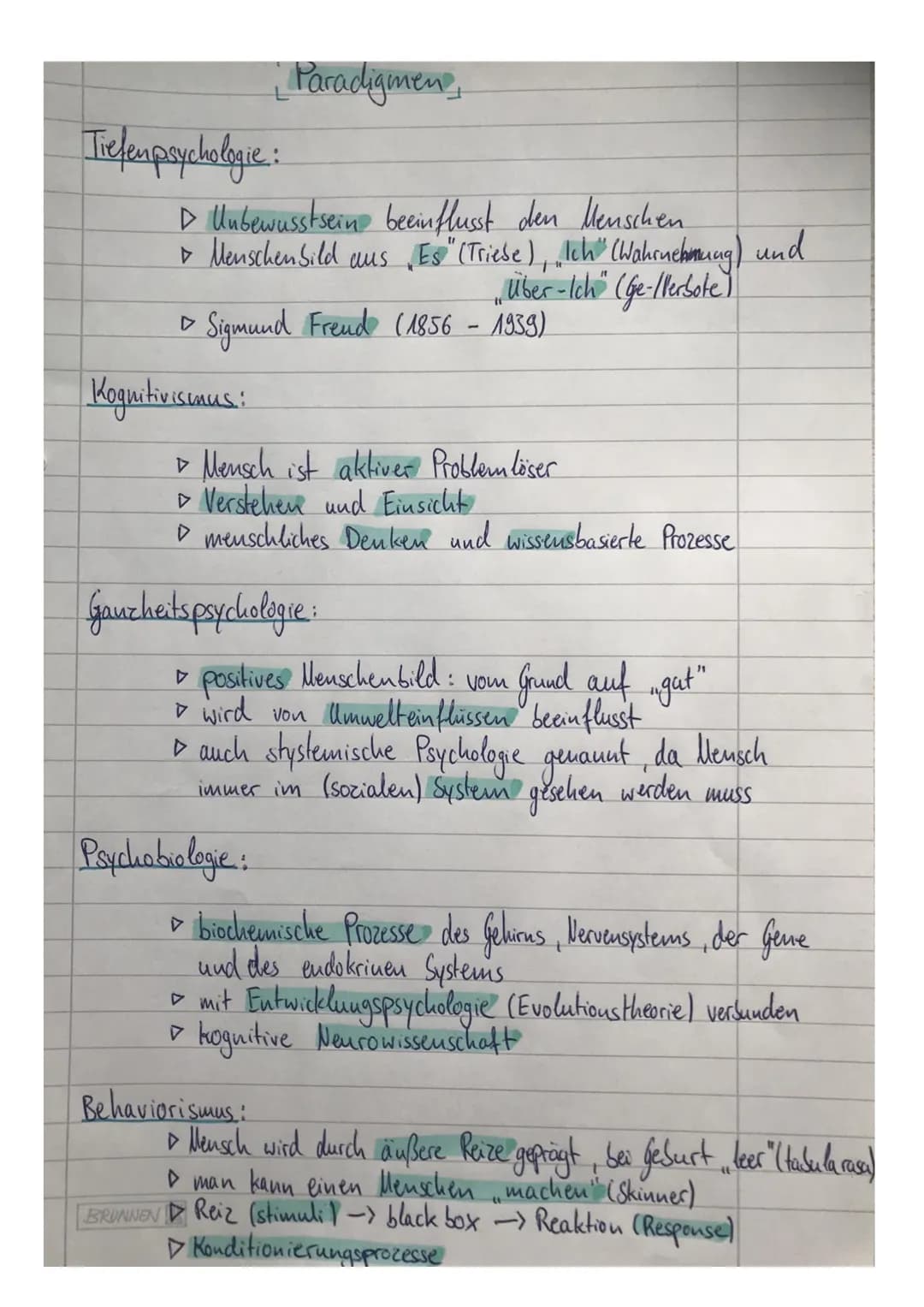 Paradigmen
Tiefenpsychologie:
▷ Unbewusstsein beeinflusst den Menschen
► Menschenbild aus Es" (Triese), „Ich" (Wahrnehmung) und
Über-Ich" (