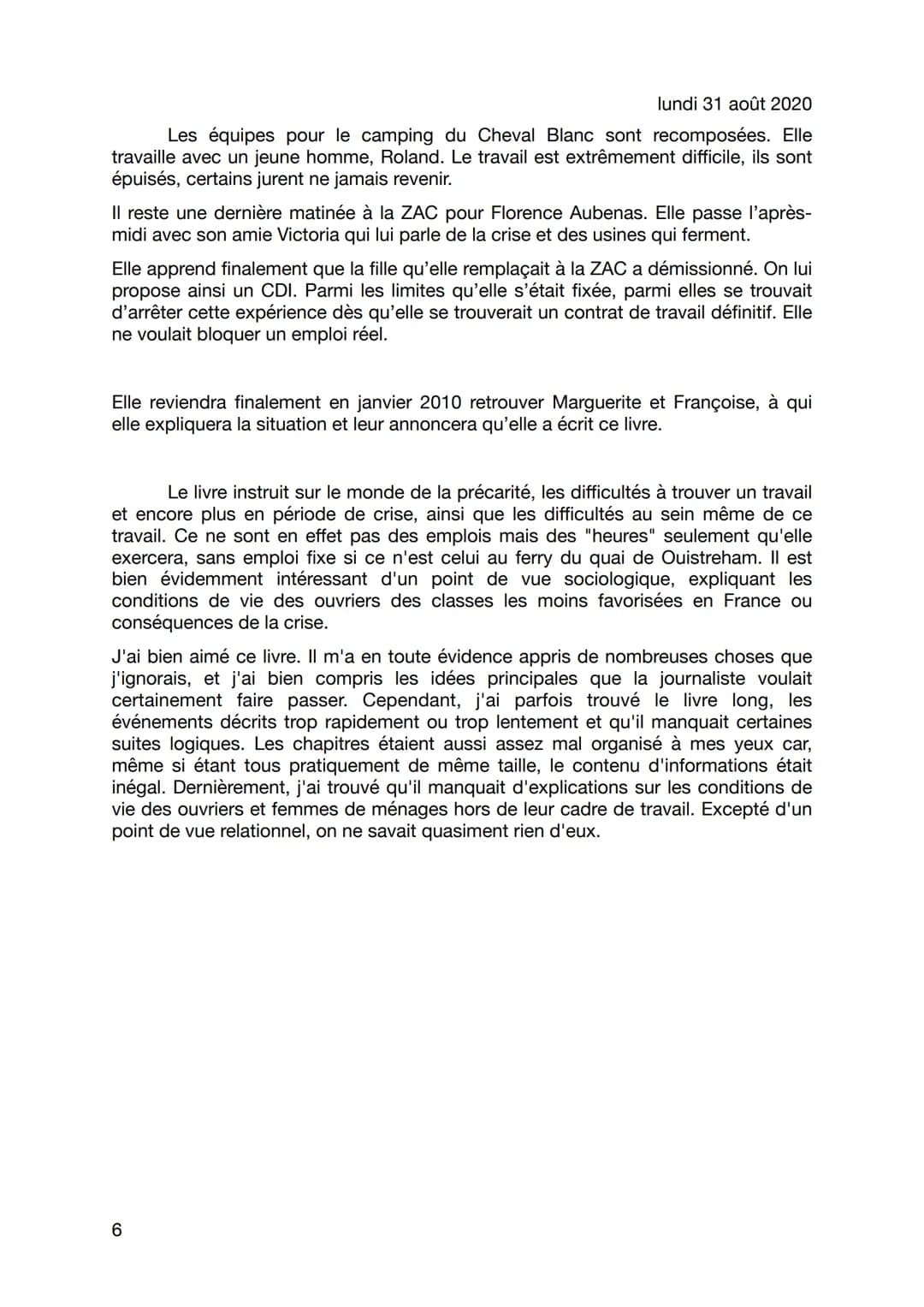 lundi 31 août 2020
Fiche de lecture; Le quai de Ouistreham, Florence
Aubenas
Perle Fainas-Martin
Florence Aubenas est journaliste. Elle a