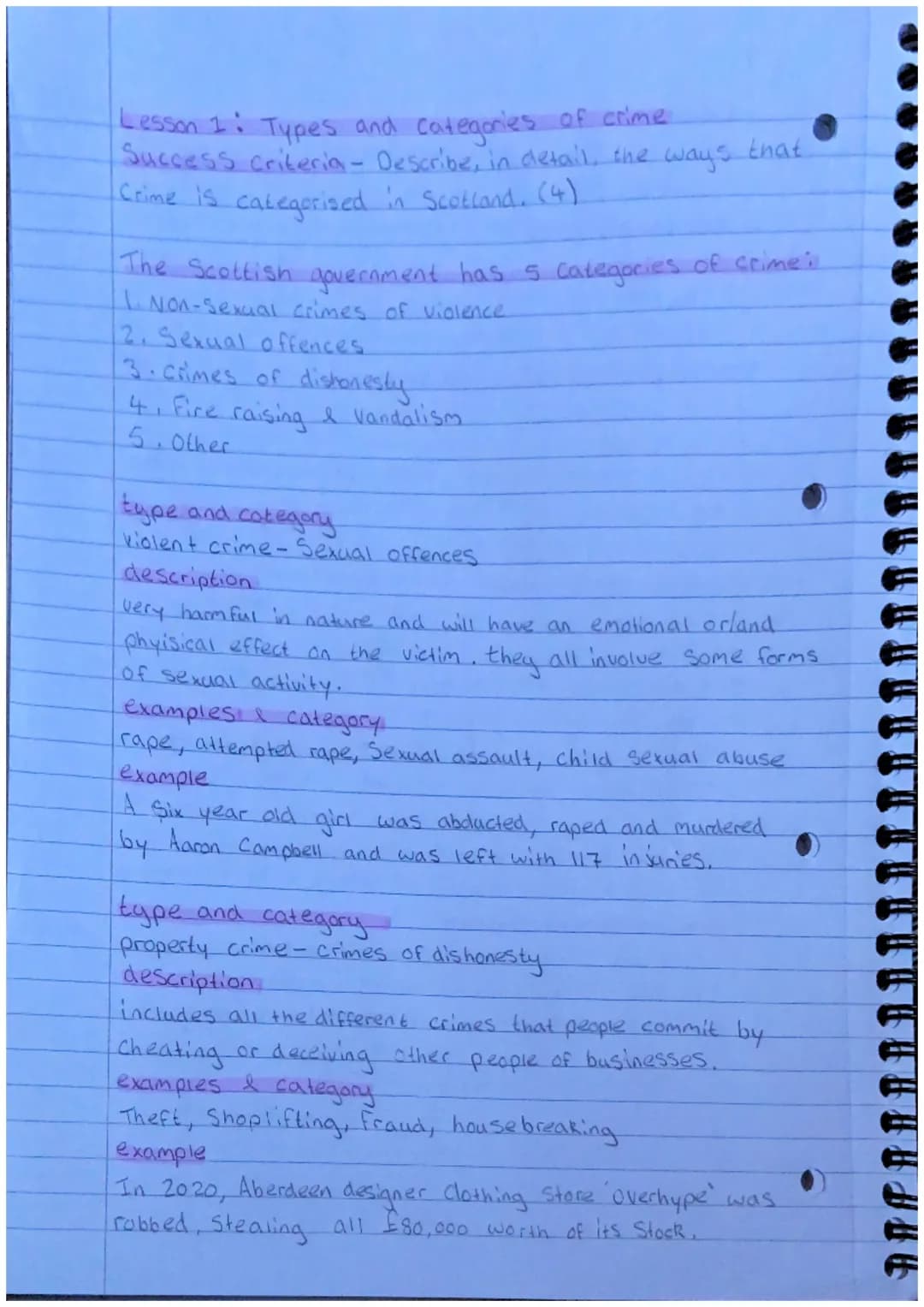 Lesson 1: Types and categories of crime
Success criteria - Describe, in detail, the ways that
Crime is categorised in Scotland. (4)
The Sco