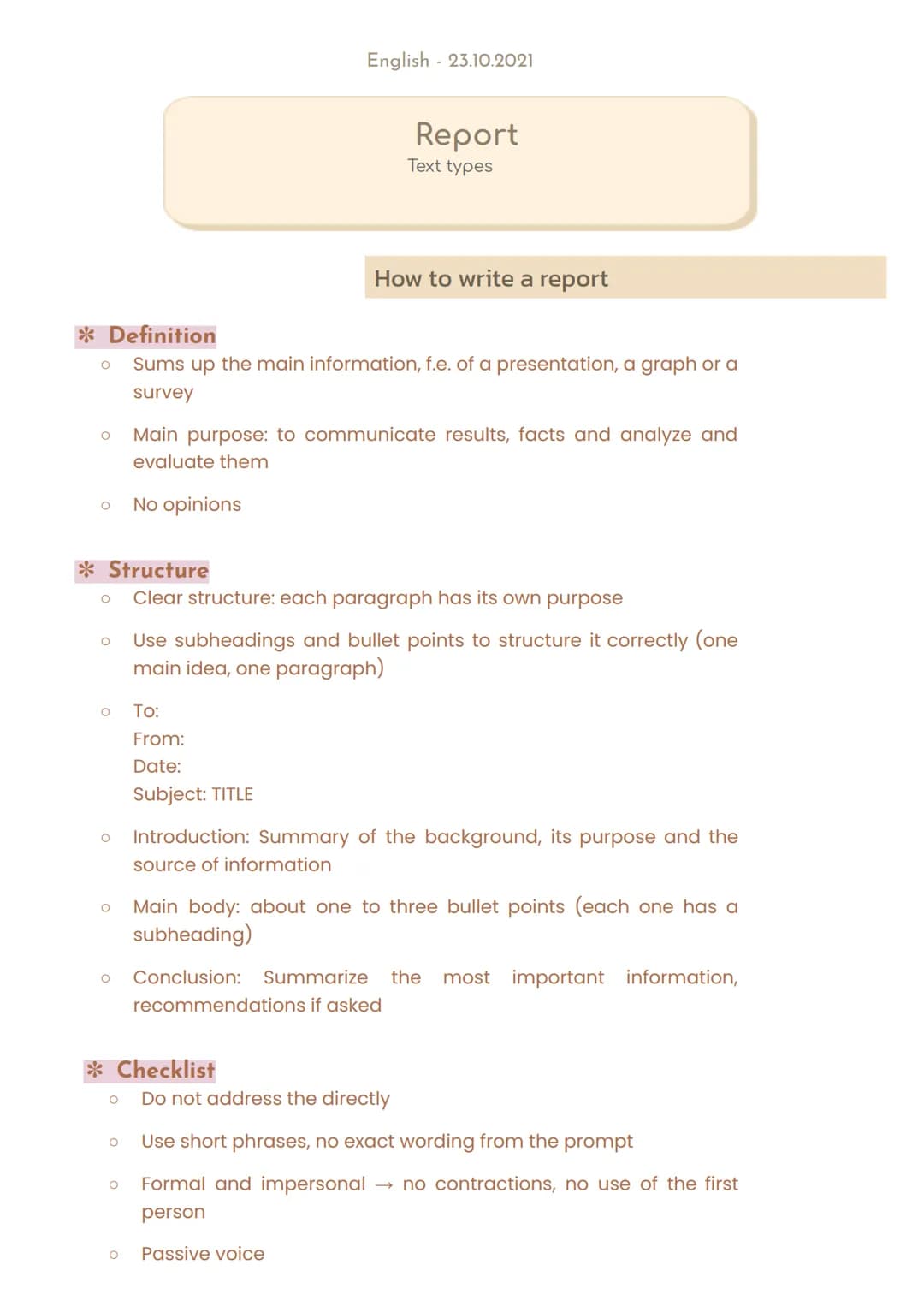 English 23.10.2021
Report
Text types
How to write a report
* Definition
Sums up the main information, f.e. of a presentation, a graph o