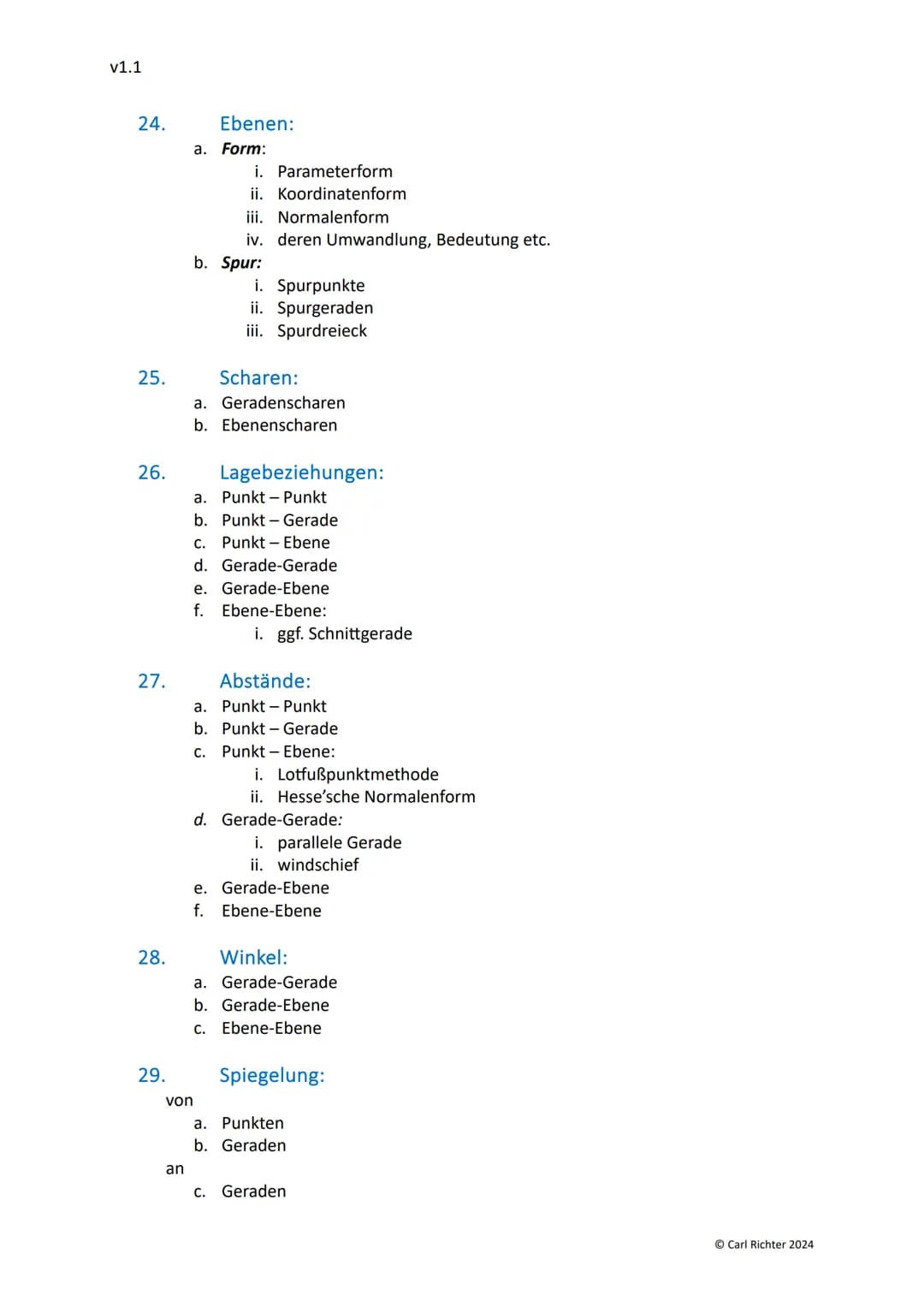 v1.1
# Mathematik Leistungskurs Abitur 2024
eine vollständige Themenliste
# 1. Analysis
1. Grundwissen:
a. Definitionsbereich
b. Werteber