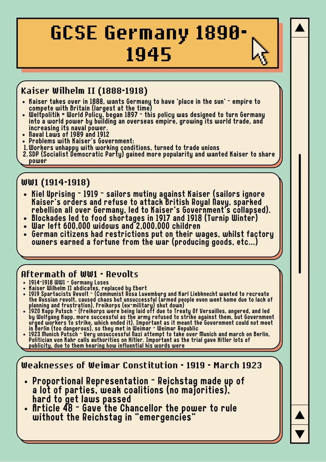 # GCSE Germany 1890-
1945
Kaiser Wilhelm II (1888-1918)
* Kaiser takes over in 1888, wants Germany to have 'place in the sun' - empire t