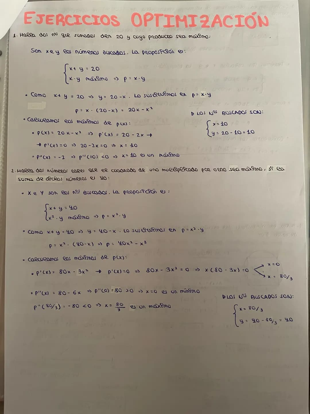 MATEMÁTICAS 1º BACH CCNN
HOJA 16
1.- Halla dos números que sumados den 20 y cuyo producto sea máximo.
2.- Halla dos números tales que el c