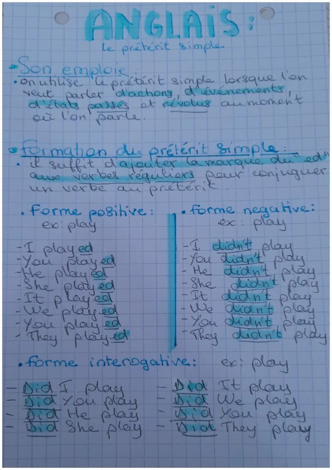 # ANGLAIS:
Le prêtérit simple.
•Son emploie:
•on utilise le prétérit simple lorsque l'on
veut parler d'actions, d'événements,,
d'états passe
