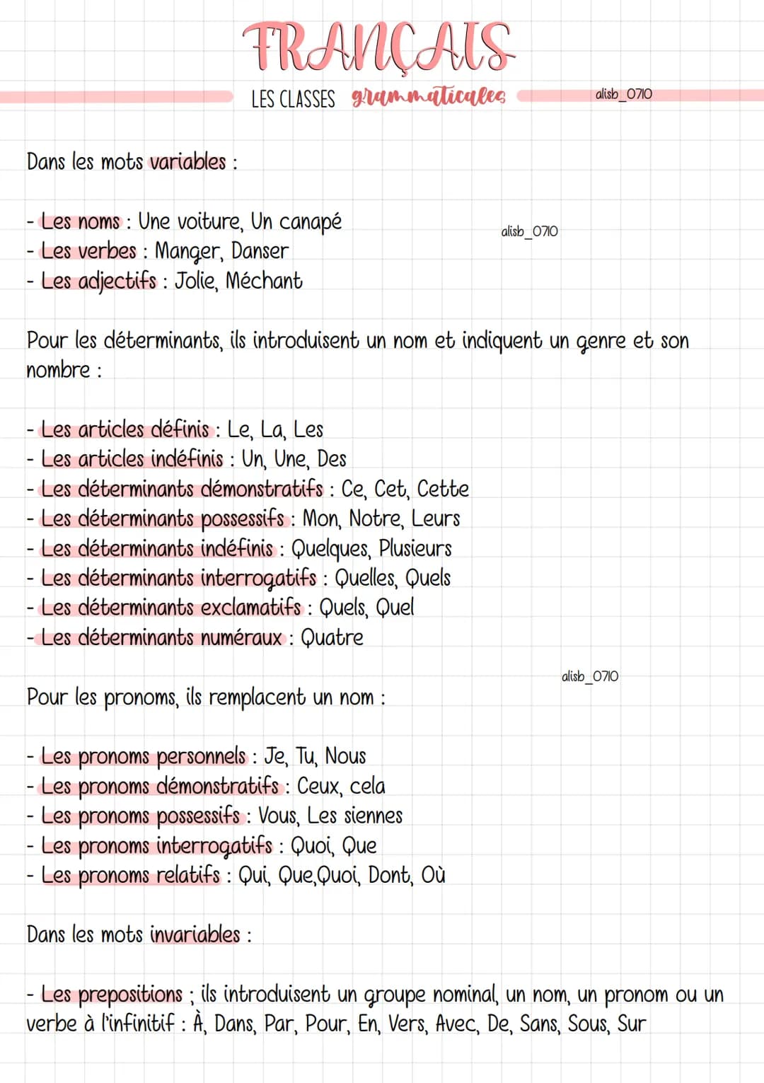 <h2>Les mots variables</h2>
<h3>Les noms</h3>
<p>Un exemple : Une voiture, Un canapé</p>
<h3>Les verbes</h3>
<p>Exemples : Manger, Danser</