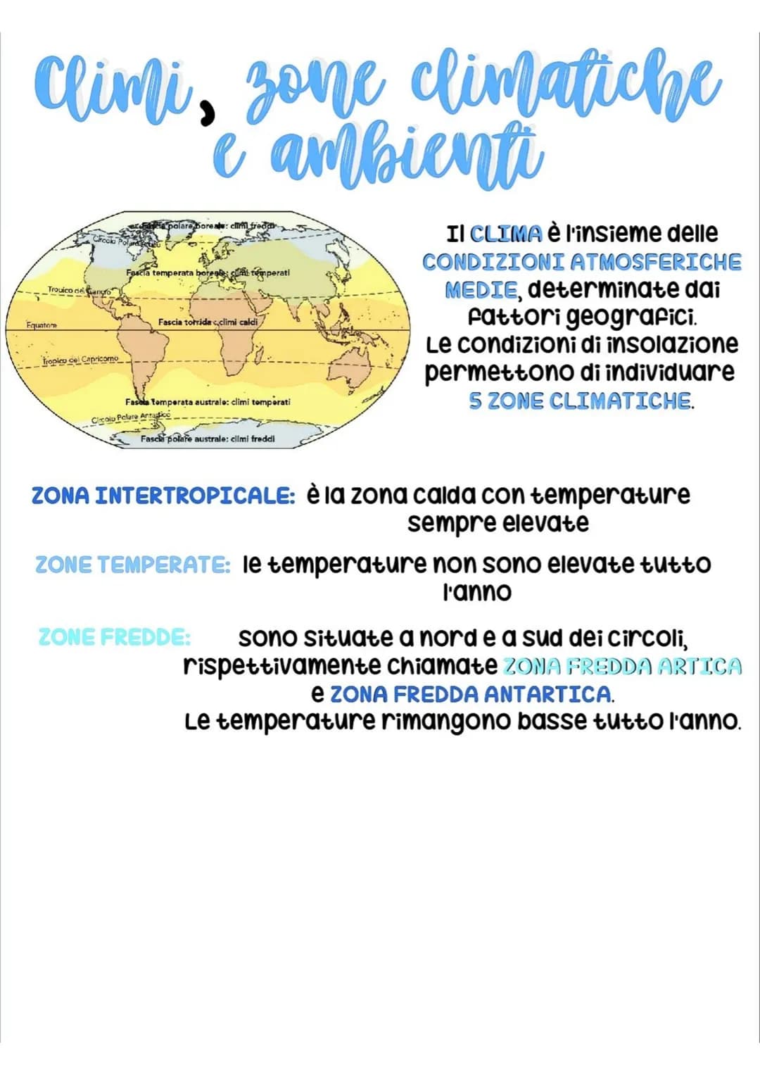 # Climi, zone climatiche
e ambienti
Fascia temperata boreale: climi temperati
Trouico del Cancro
Fquatore
Fascia torrida: climi caldi
T