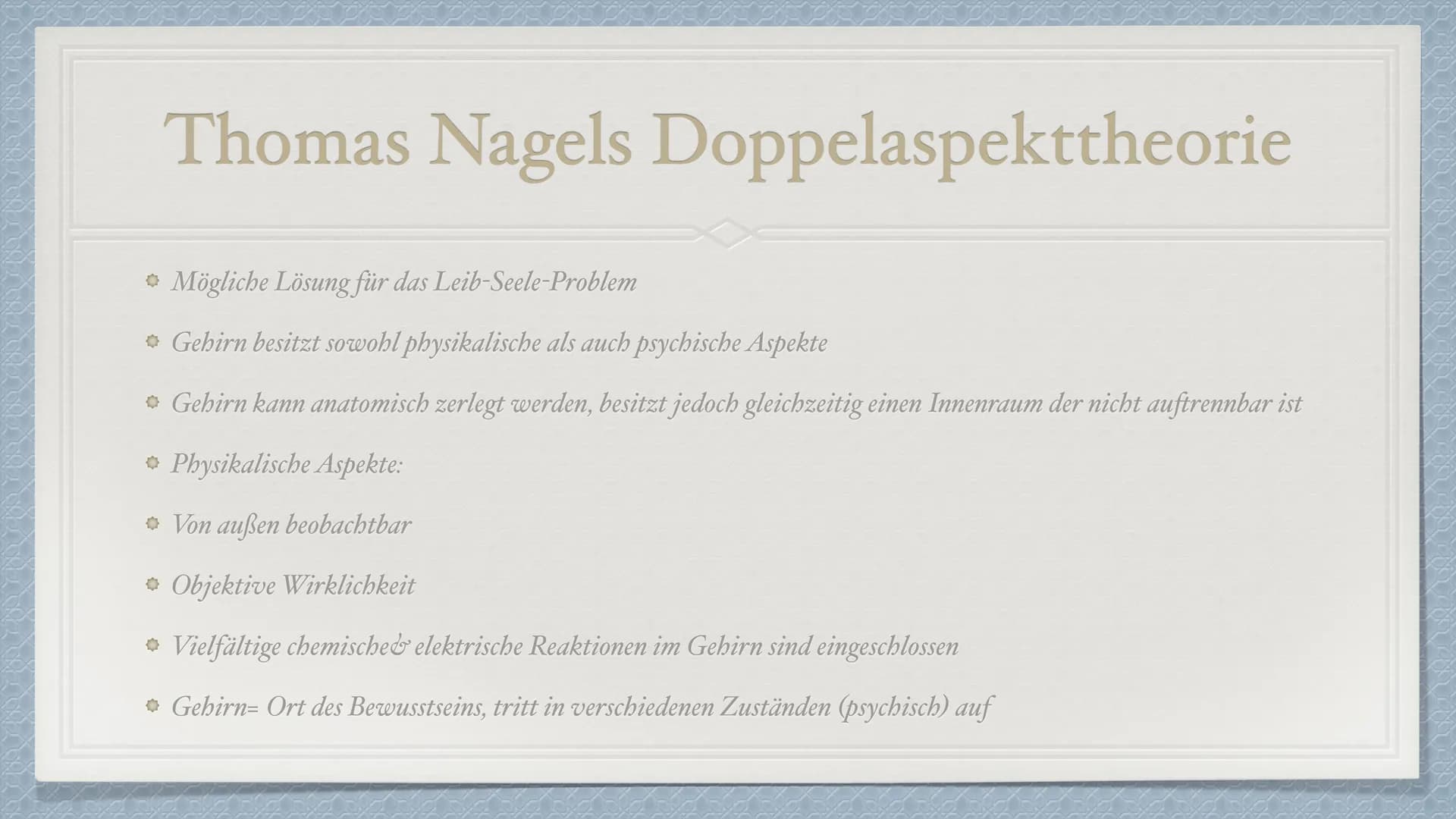 # Das Leib-Seele-Problem
Eine Präsentation von Anisa S. und Senita K. # Was ist das Leib-Seele-Problem?
* Philosophischer Diskurs über d