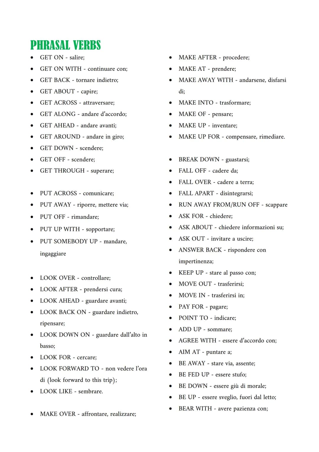 # PHRASAL VERBS
* GET ON - salire;
* GET ON WITH - continuare con;
* GET BACK - tornare indietro;
* GET ABOUT - capire;
* GET ACR