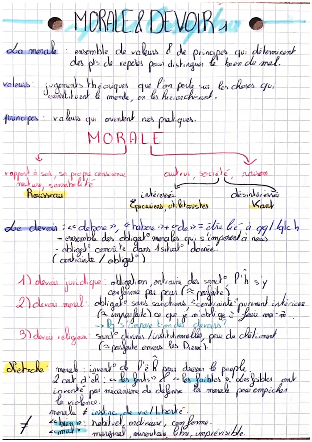 # MORALE & DEVOIR
La morale: ensemble de valeurs & de principes qui déterminent
des prs de reperes pour distinguer le bien du mal.
valeurs