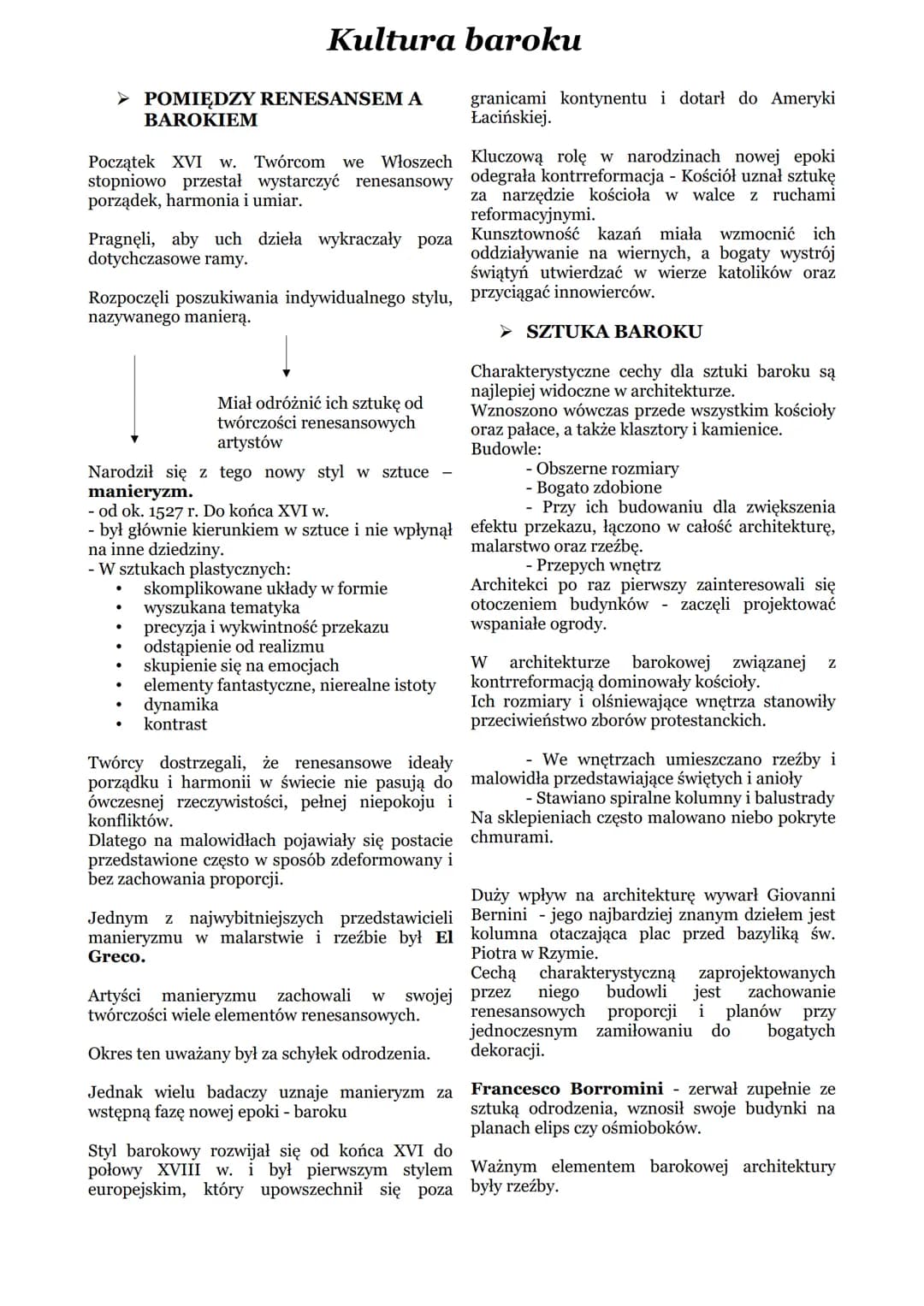 # Kultura baroku
➤ POMIĘDZY RENESANSEM A
BAROKIEM
granicami kontynentu i dotarł do Ameryki
Łacińskiej.
Początek XVI w. Twórcom we Włoszec