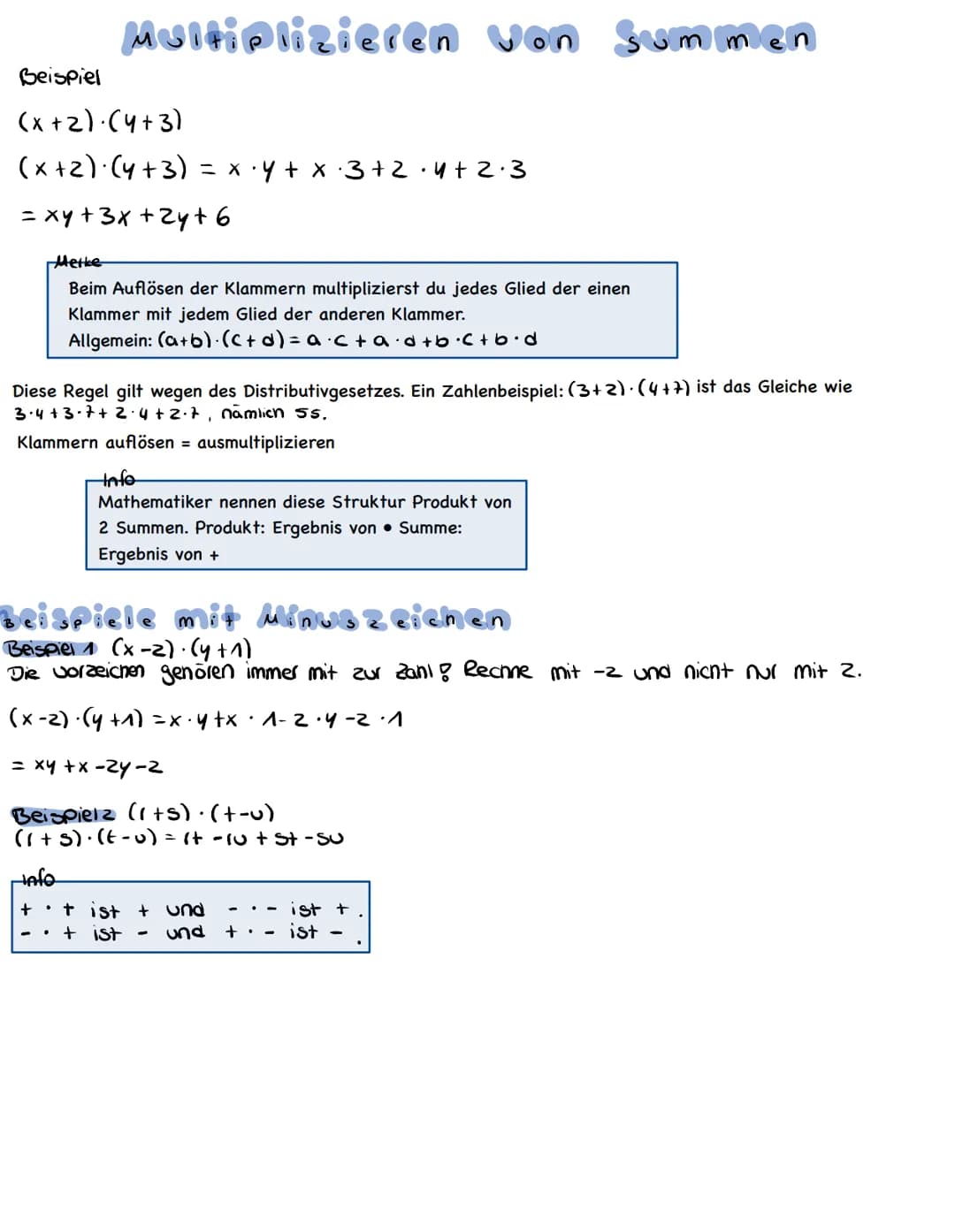 # Multiplizieren von Summen
Beispiel
(x+2)-(4+3)
(x+2) (4+3) = x 4 + x 3 + 2.4+2.3
= xy + 3x + 2y + 6
Merke
Beim Auflösen der Klammern
