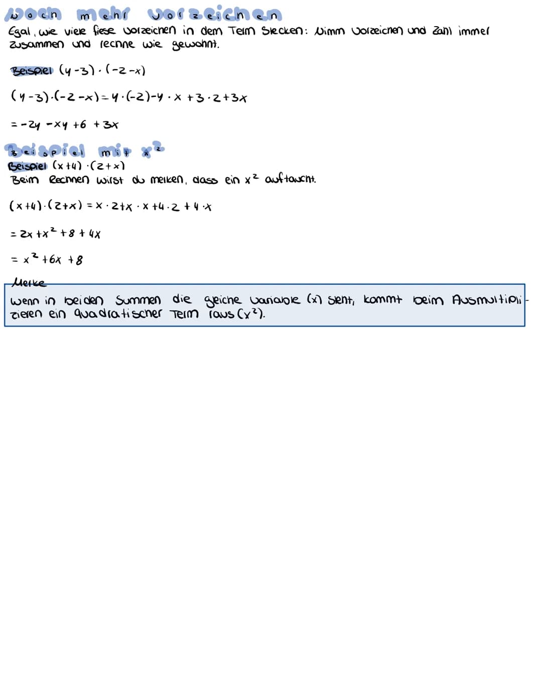 # Multiplizieren von Summen
Beispiel
(x+2)-(4+3)
(x+2) (4+3) = x 4 + x 3 + 2.4+2.3
= xy + 3x + 2y + 6
Merke
Beim Auflösen der Klammern