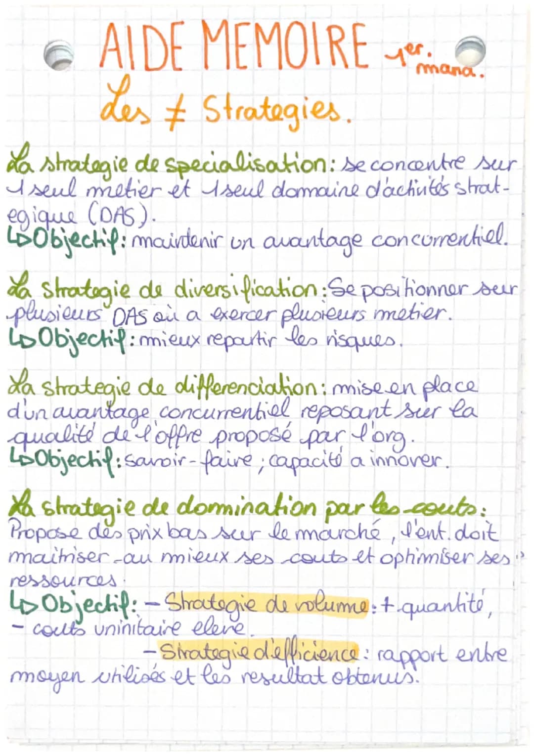 # AIDE MEMOIRE
Les ≠ Strategies.
mana.
La strategie de specialisation: se concentre sur
I seul metier et Iseul domaine d'activités strat-