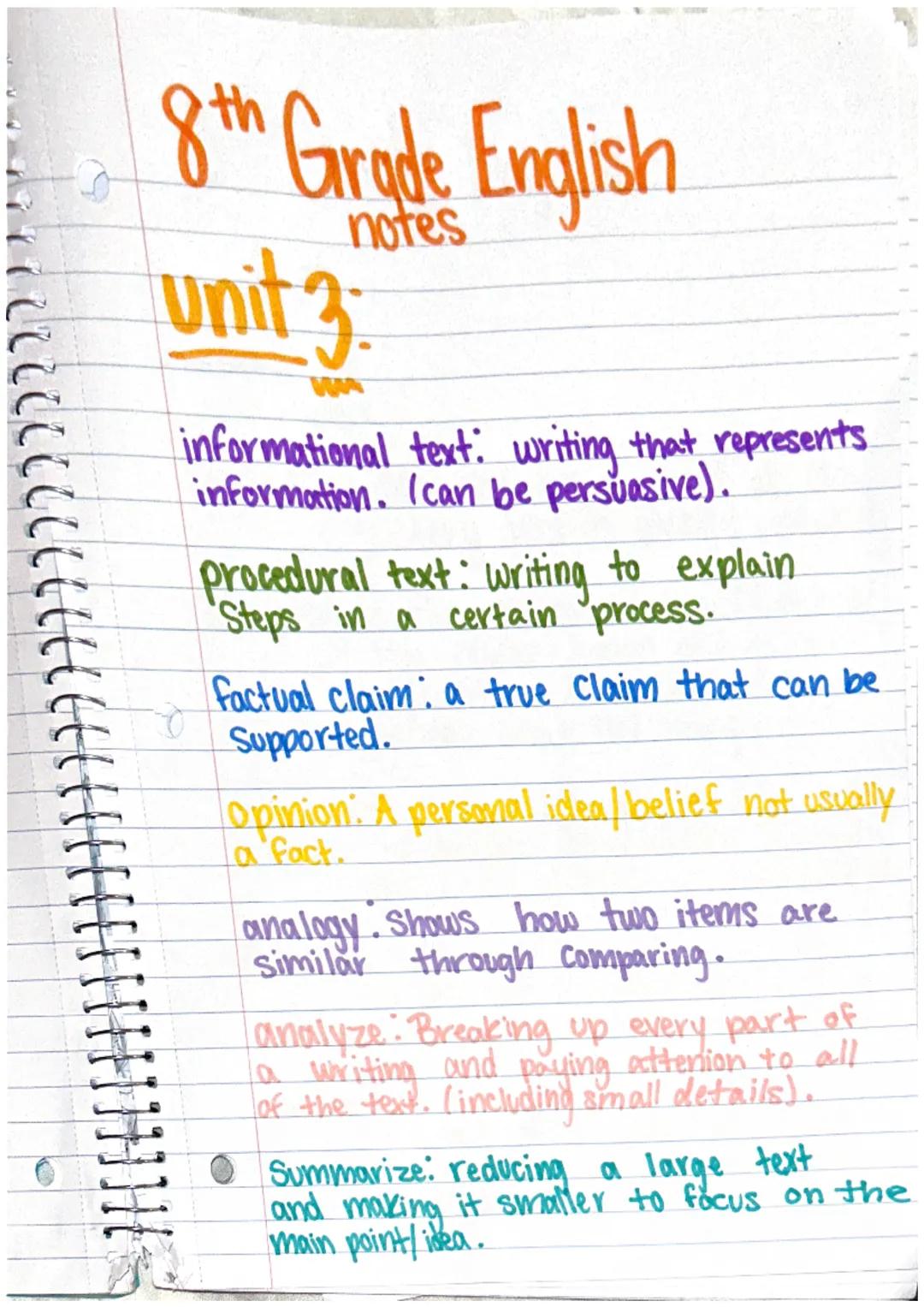 notes
# 8th Grade English
# unit 3
informational text: writing that represents
information. (can be persuasive).
procedural text: writing