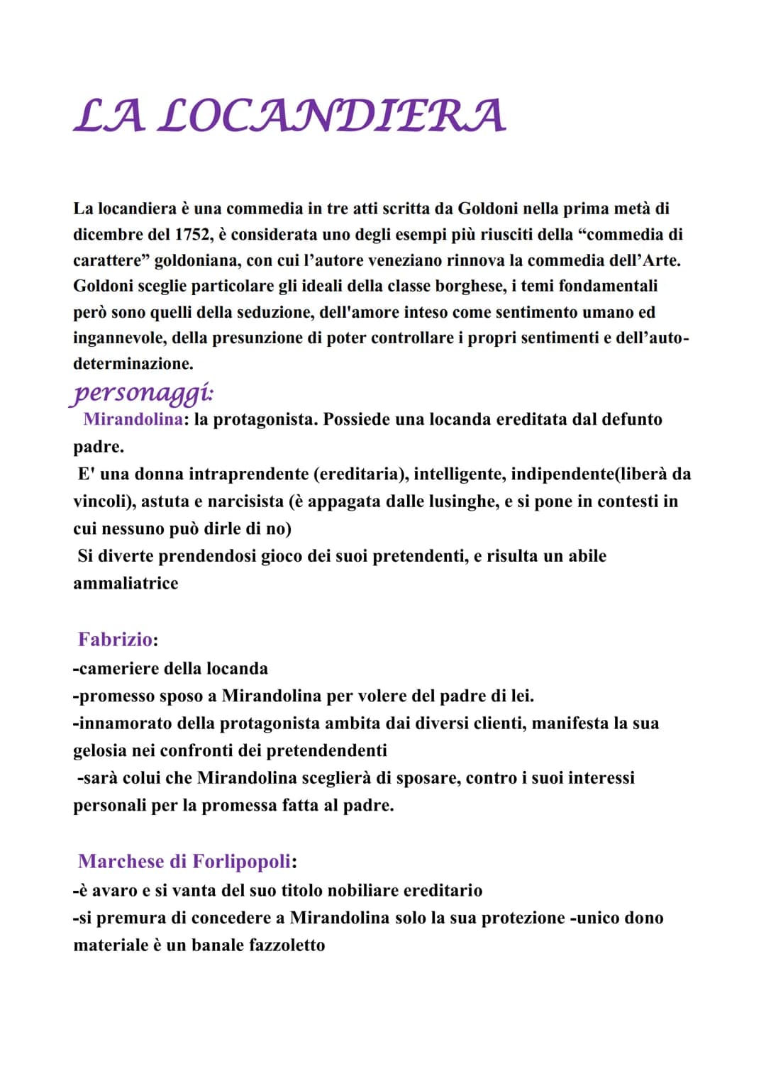# LA LOCANDIERA
La locandiera è una commedia in tre atti scritta da Goldoni nella prima metà di
dicembre del 1752, è considerata uno degli