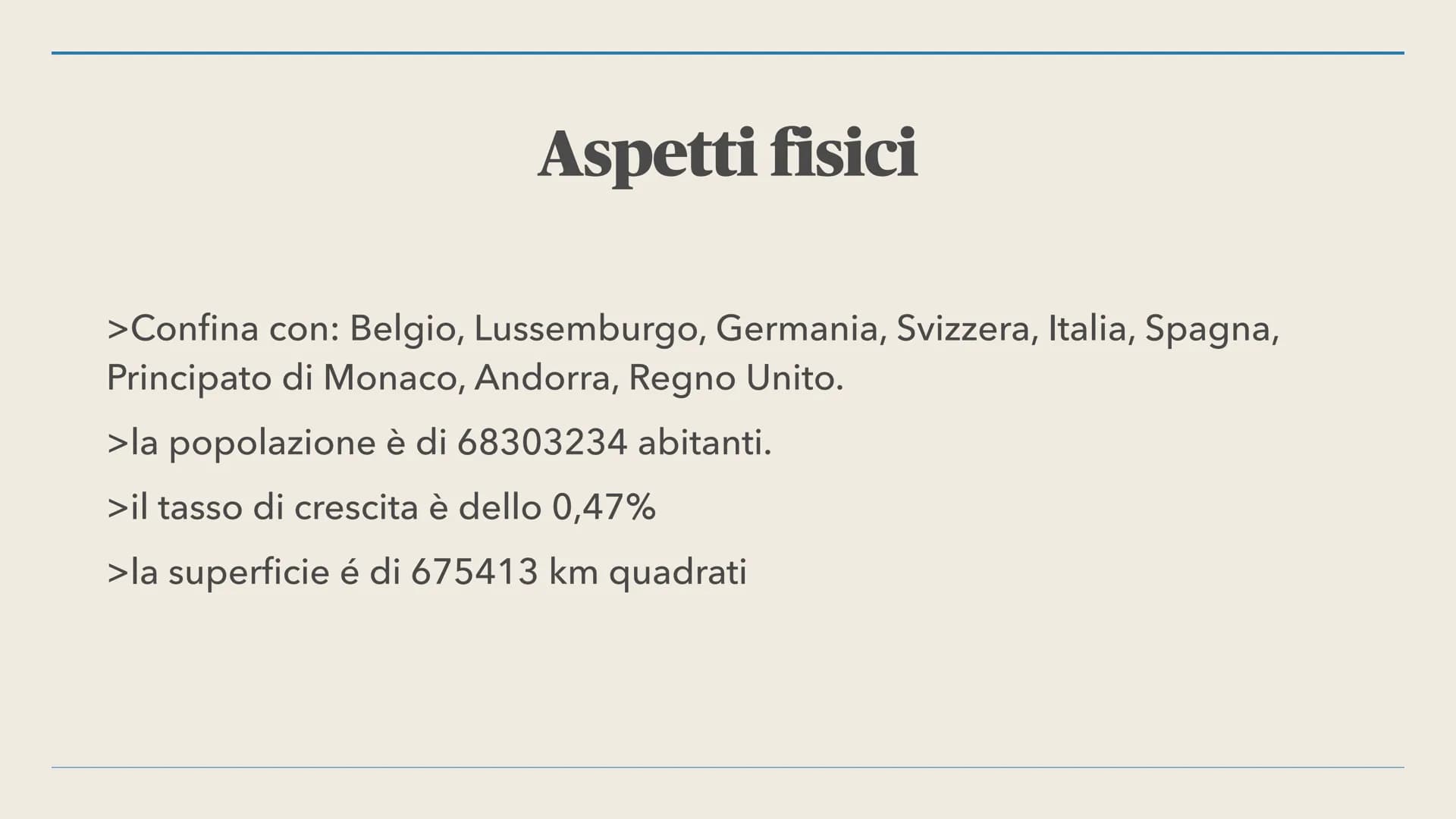 <h2>Aspetti politici e geografici</h2>
<p>La Francia è una repubblica semipresidenziale situata nell'Europa occidentale. La lingua ufficial