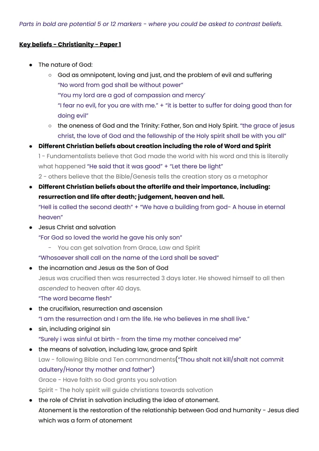 Parts in bold are potential 5 or 12 markers - where you could be asked to contrast beliefs.
Key beliefs - Christianity - Paper 1
- The nat