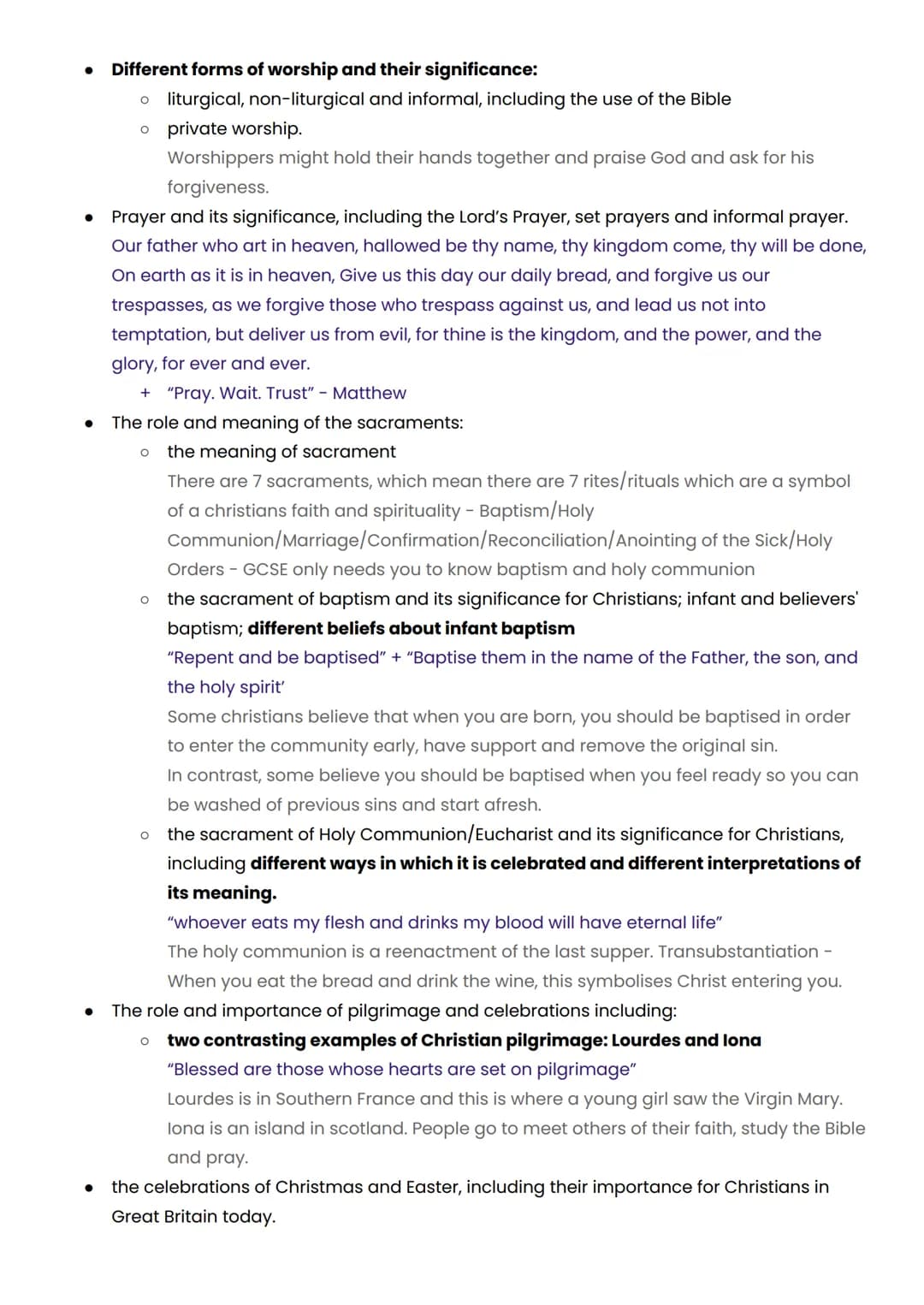 Parts in bold are potential 5 or 12 markers - where you could be asked to contrast beliefs.
Key beliefs - Christianity - Paper 1
- The nat