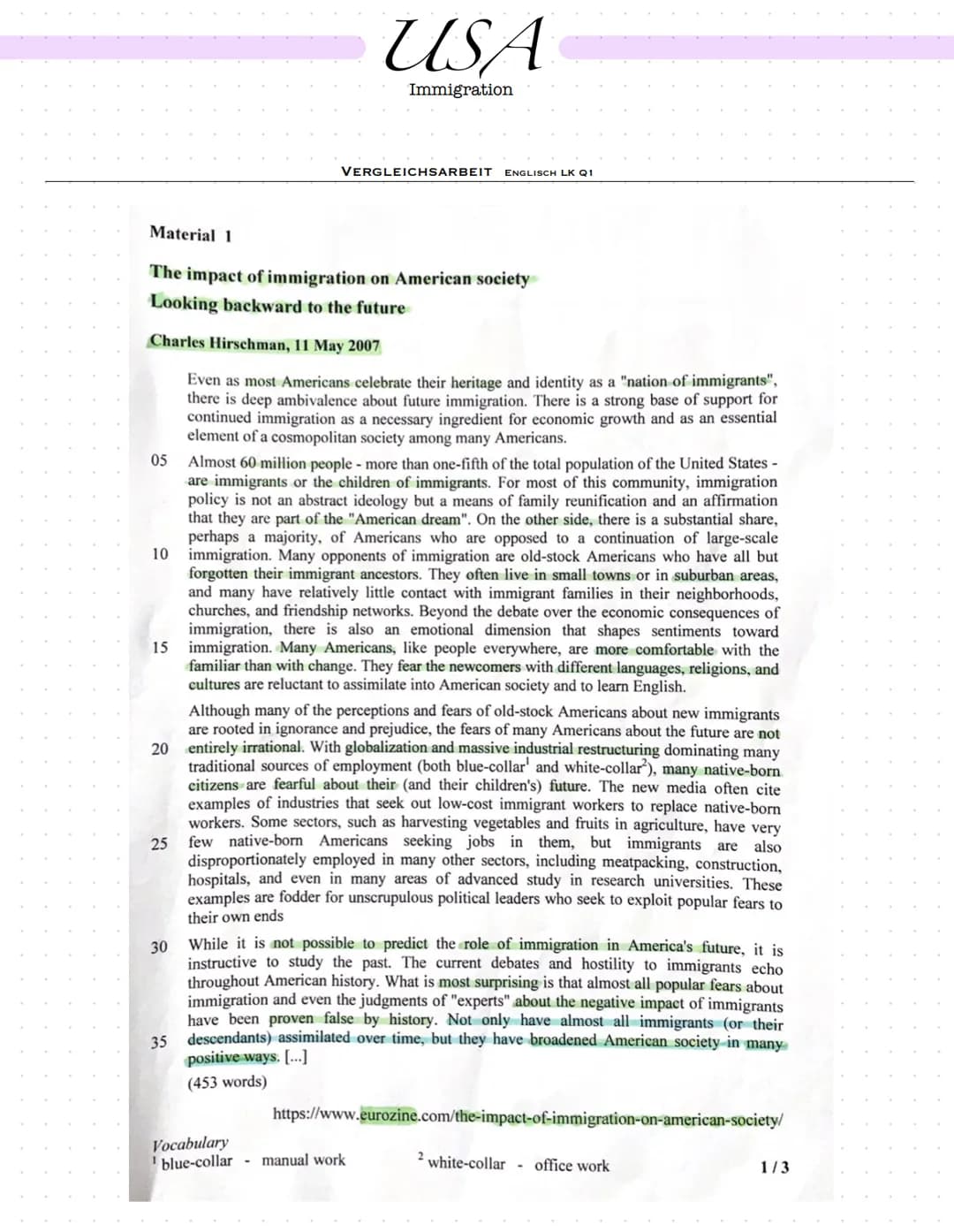 # USA
Immigration
VERGLEICHSARBEIT ENGLISCH LK Q1
Material 1
The impact of immigration on American society
Looking backward to the future