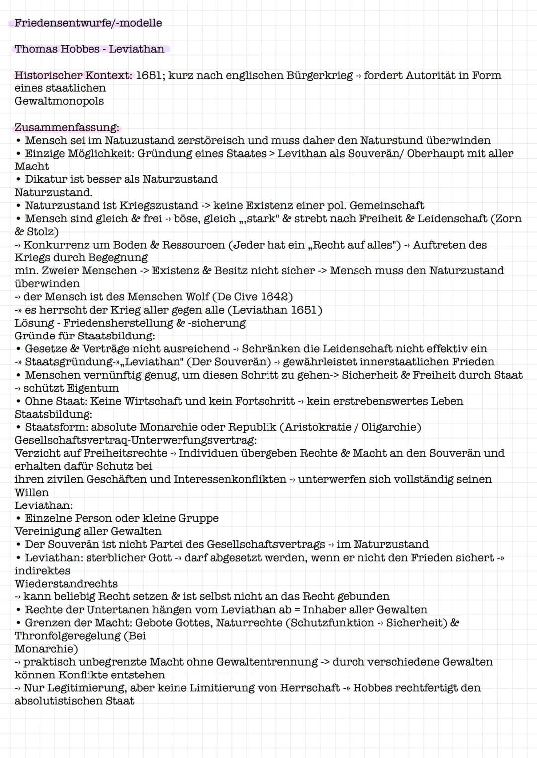 Friedensentwurfe/-modelle
Thomas Hobbes - Leviathan
Historischer Kontext: 1651; kurz nach englischen Bürgerkrieg fordert Autorität in Form