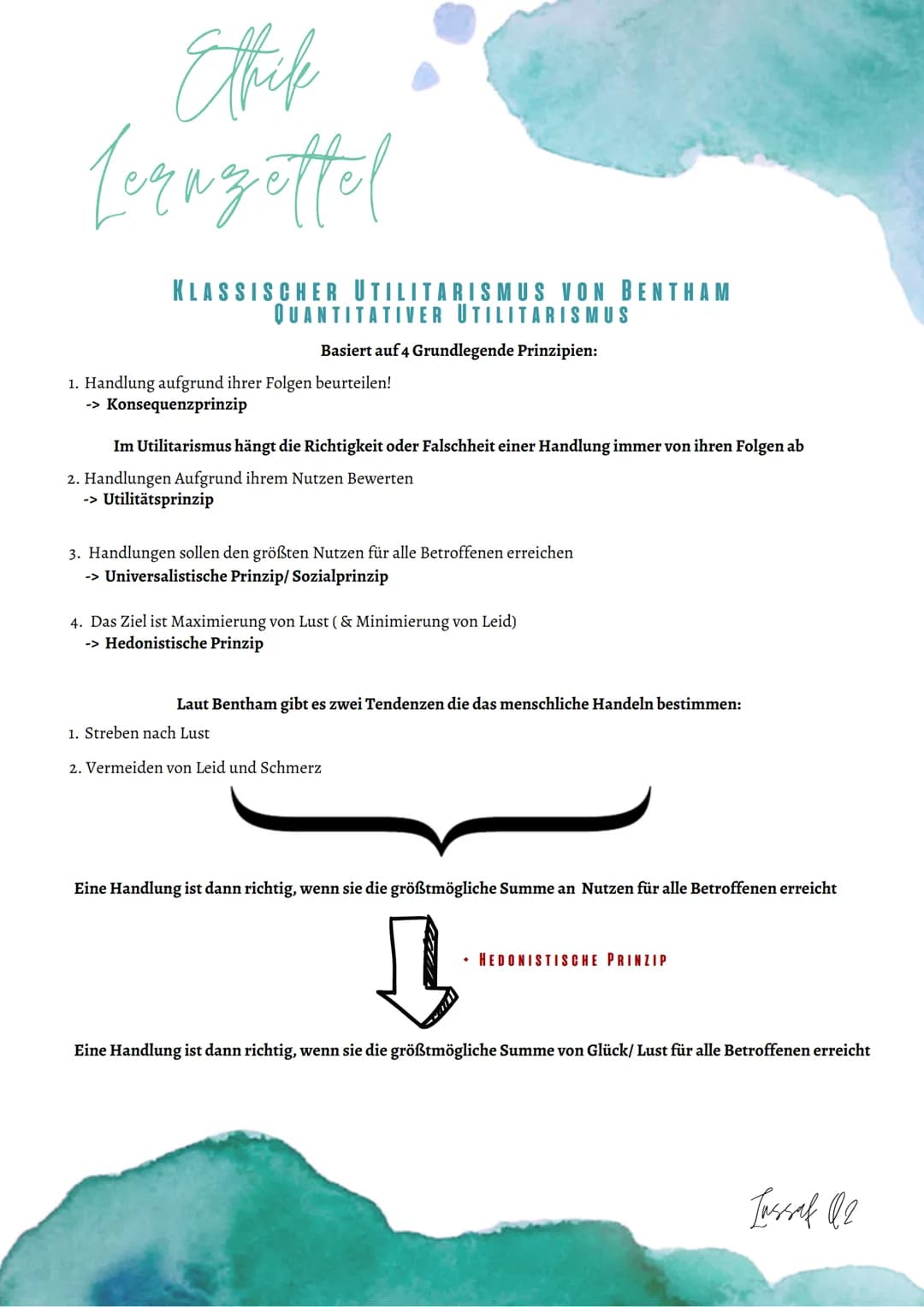# Ethik
Leanzettel
DEFINITION UTILITARISMUS (FOLGENETHIK)
Utilitarismus ist eine ethische Theorie, die besagt, dass das Ziel jeder Handlu