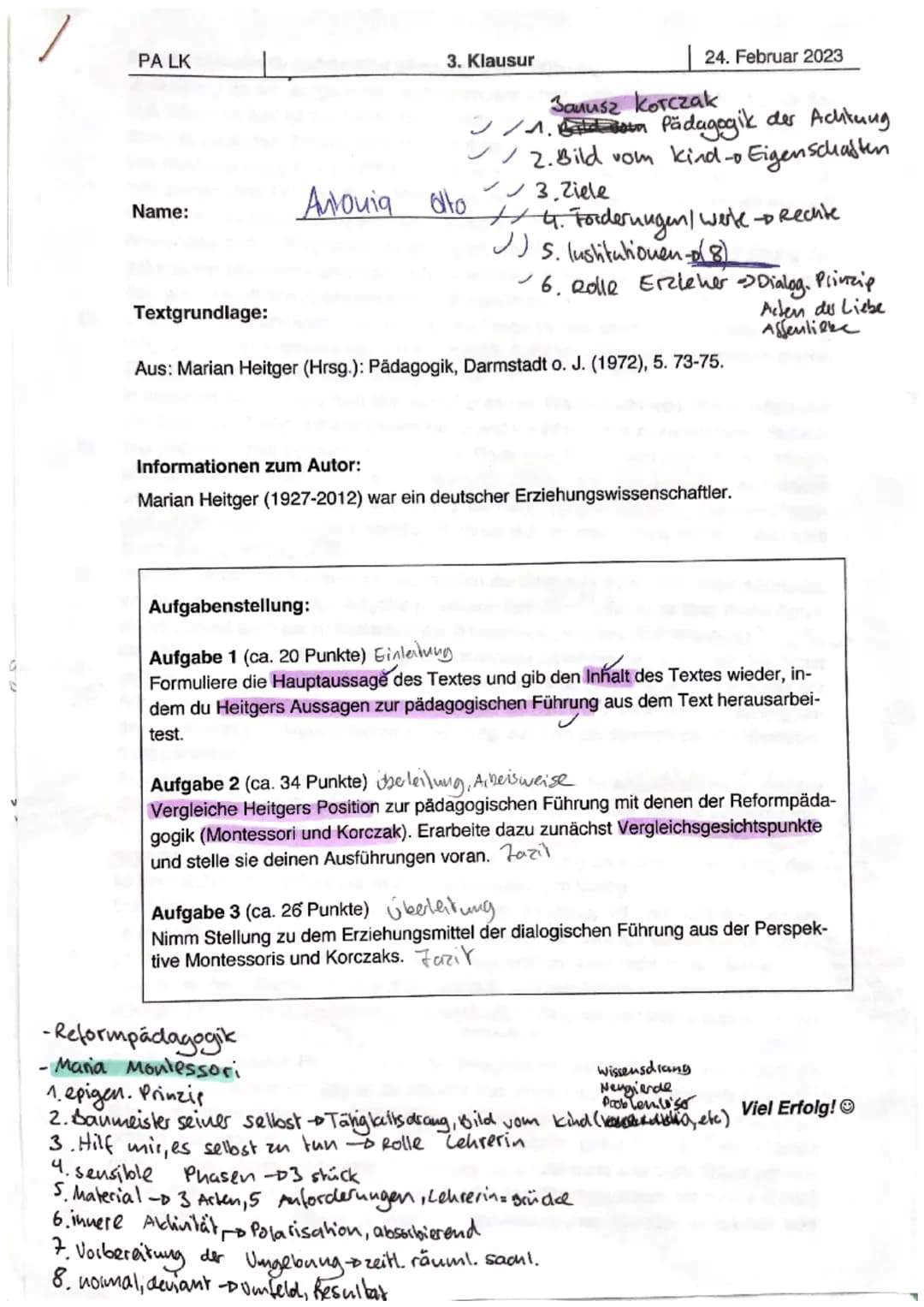 PA LK
3. Klausur | 24. Februar 2023
Name: Aronia olto
Textgrundlage:
Janusz Korczak
1. Pädagogik der Achtung
2.Bild vom kind-o Eigenscha