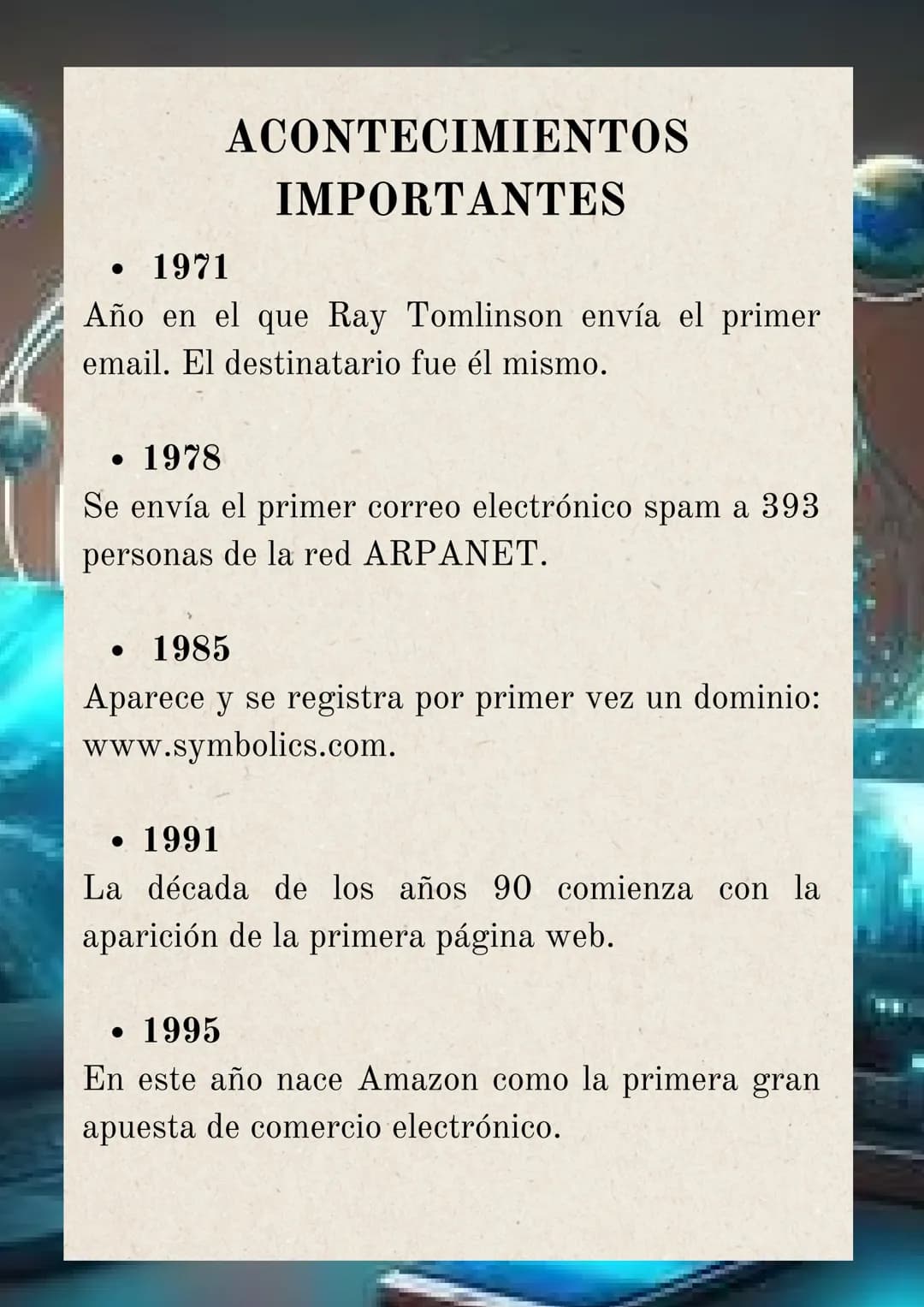 # HISTORIA DEL INTERNET
Internet inició en torno al año 1.969, cuando el
departamento de defensa de los EE.UU desarrolló
ARPANET, una red d