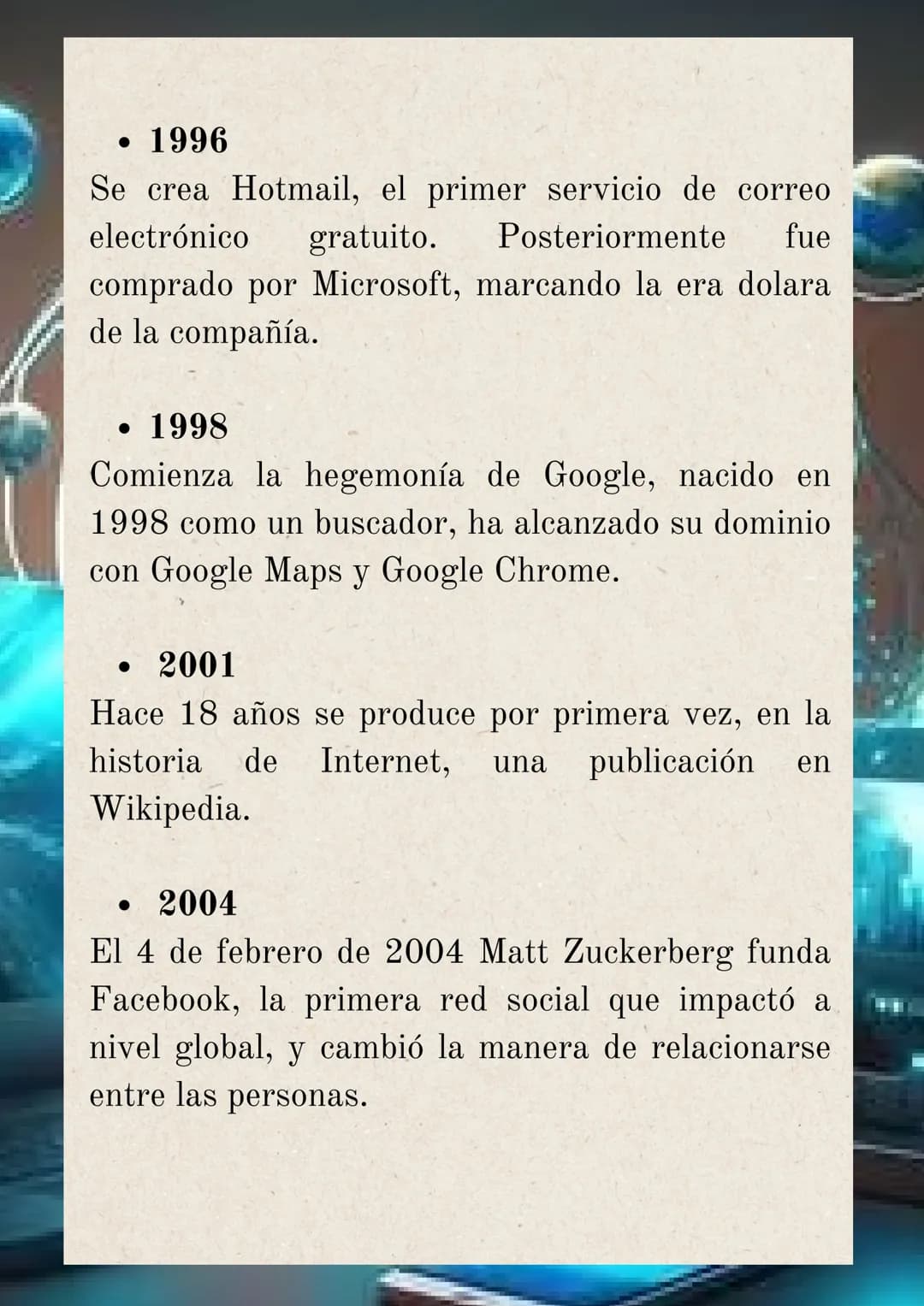 # HISTORIA DEL INTERNET
Internet inició en torno al año 1.969, cuando el
departamento de defensa de los EE.UU desarrolló
ARPANET, una red d