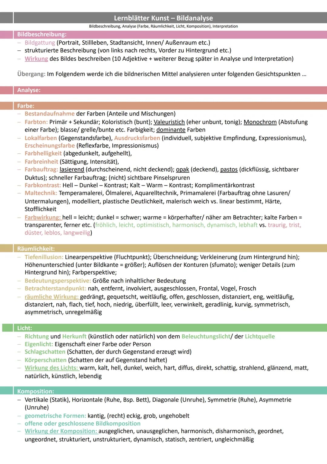 # Lernblätter Kunst - Bildanalyse
Bildbeschreibung, Analyse (Farbe, Räumlichkeit, Licht, Komposition), Interpretation
- Bildbeschreibung: