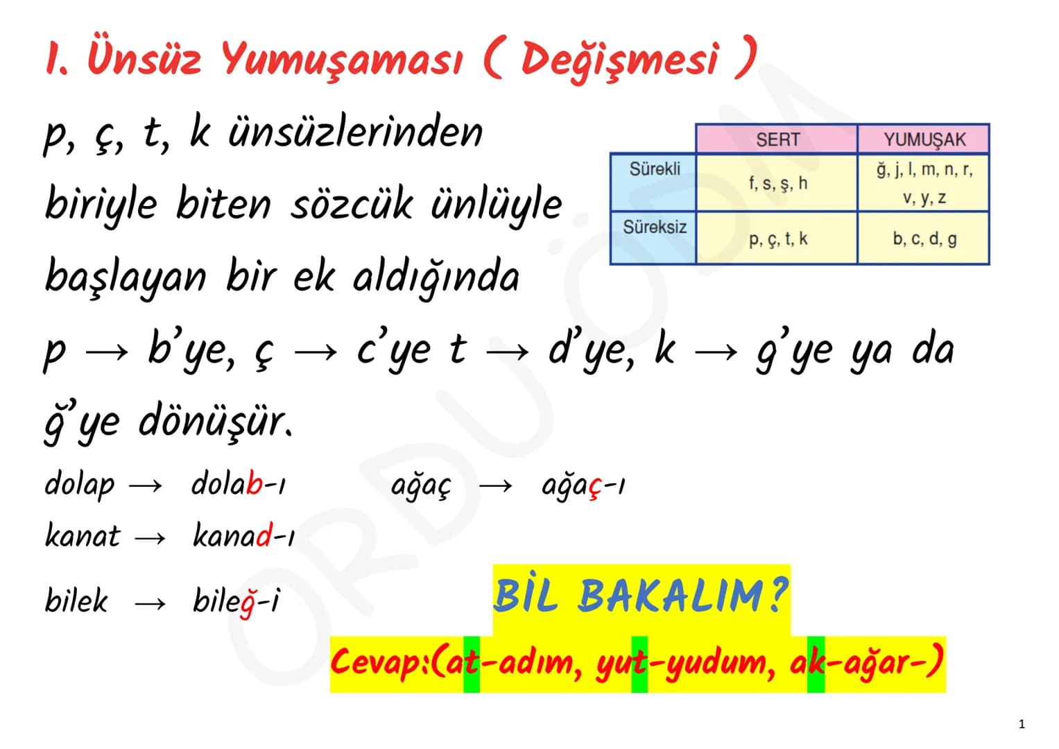 - YKS-TÜRKÇE
# SES BİLGİSİ
ORDU ÖDM # 1. Ünsüz Yumuşaması (Değişmesi)
p, ç, t, k ünsüzlerinden
biriyle biten sözcük ünlüyle
başlayan bir