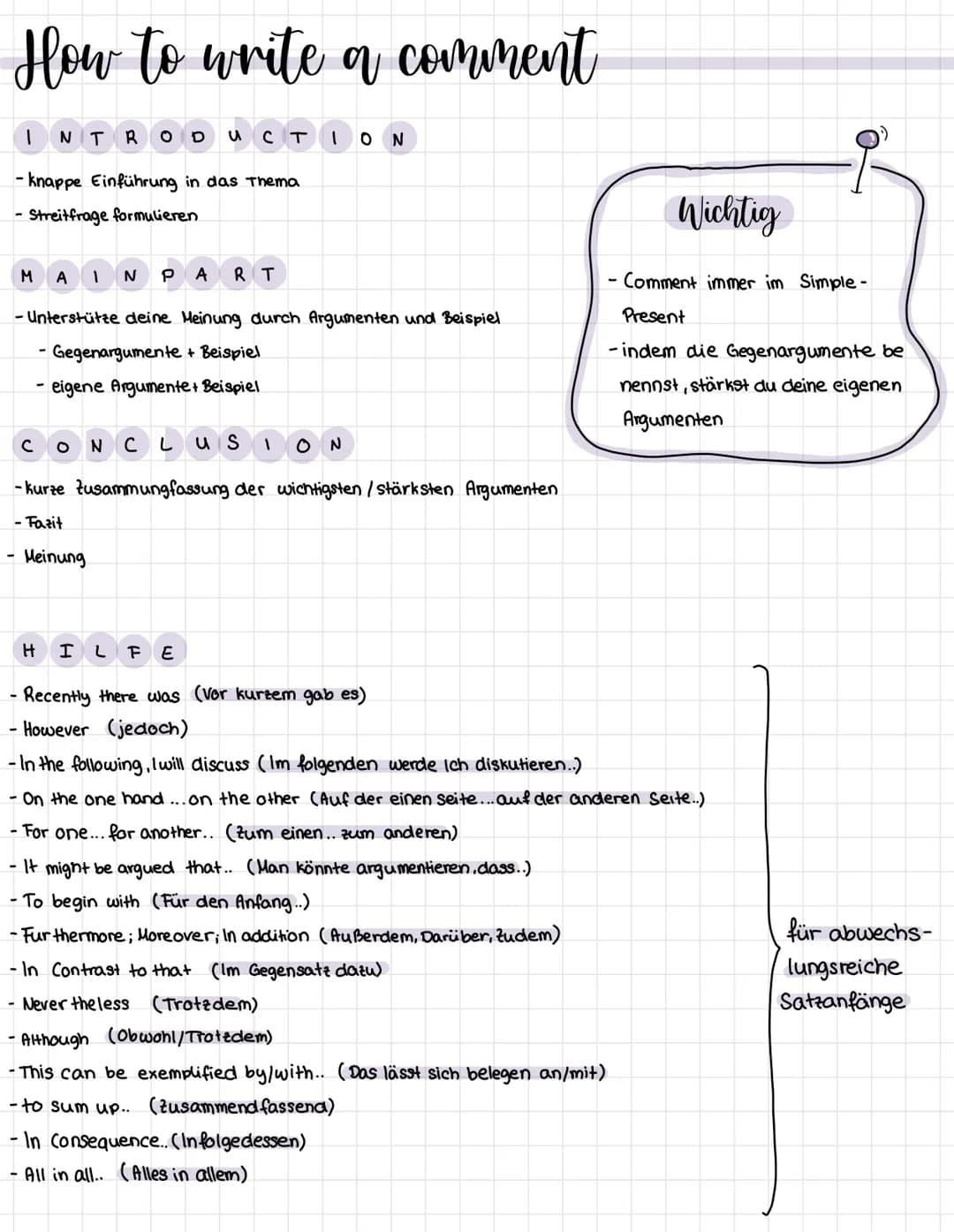 # How to write a comment
INTRODUCTION
- knappe Einführung in das Thema
- Streitfrage formulieren
MAIN PART
- Unterstütze deine Meinung dur