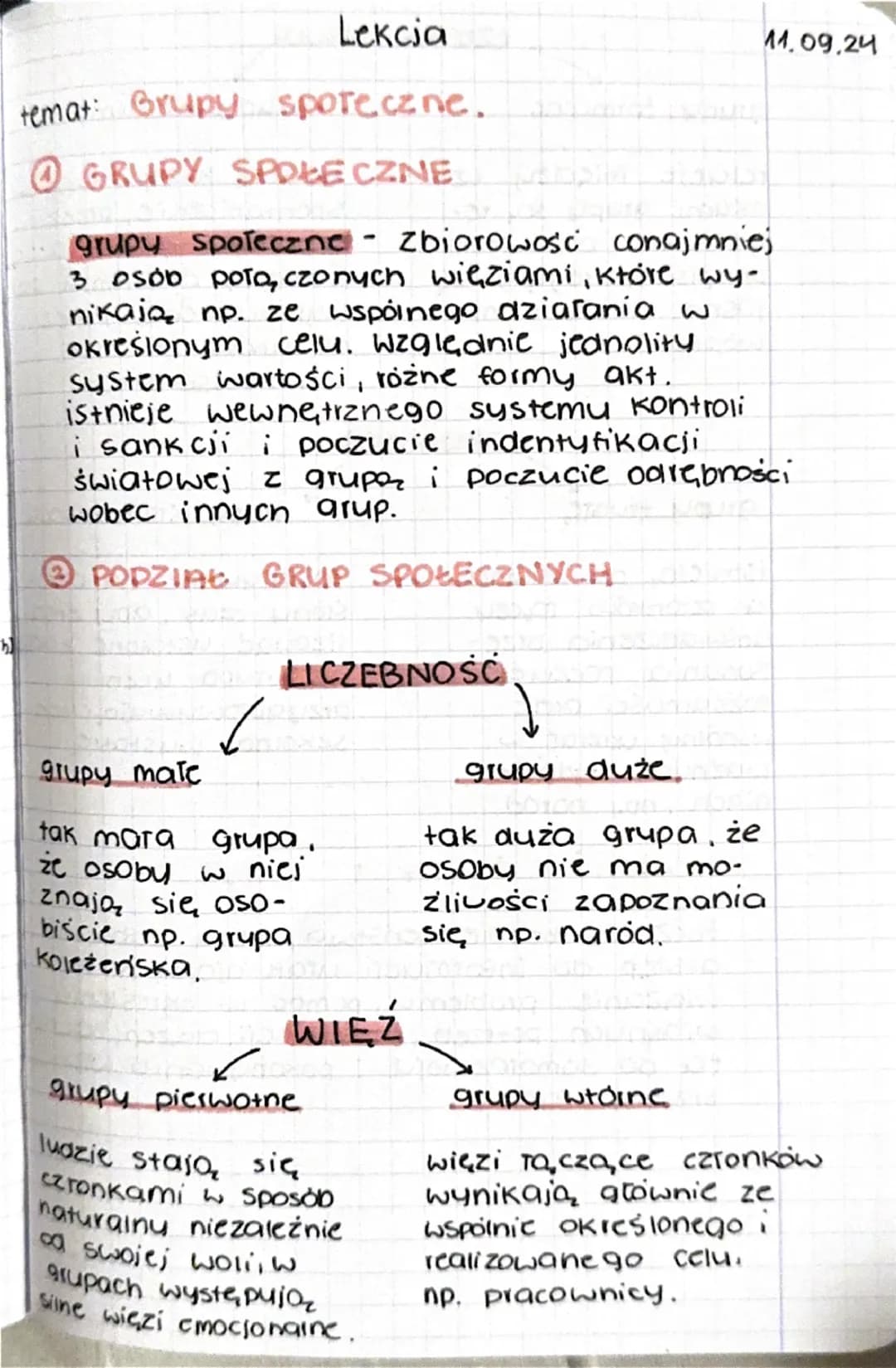 Lekcia
11.09.24
temat: Grupy społeczne.
GRUPY SPOŁECZNE
grupy społeczne zbiorowosc conajmniej
3 OSOD POTO, czonych więziami, które wy-
ni