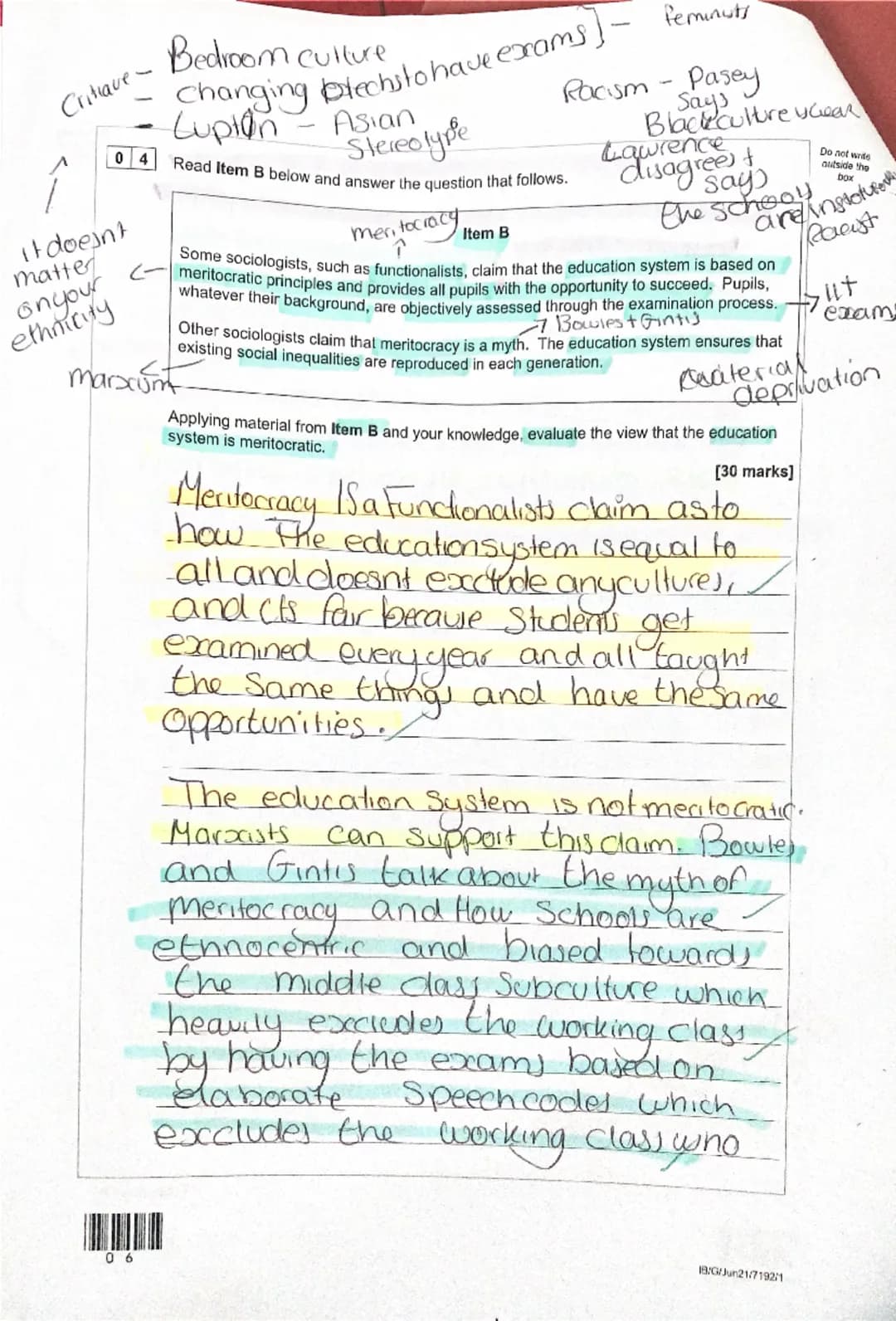 Surname
Garrafa
Forename(s)
Esma
Candidate signature
I declare this is my own work.
A-level
SOCIOLOGY
Candidate number
Paper 1 Education wit