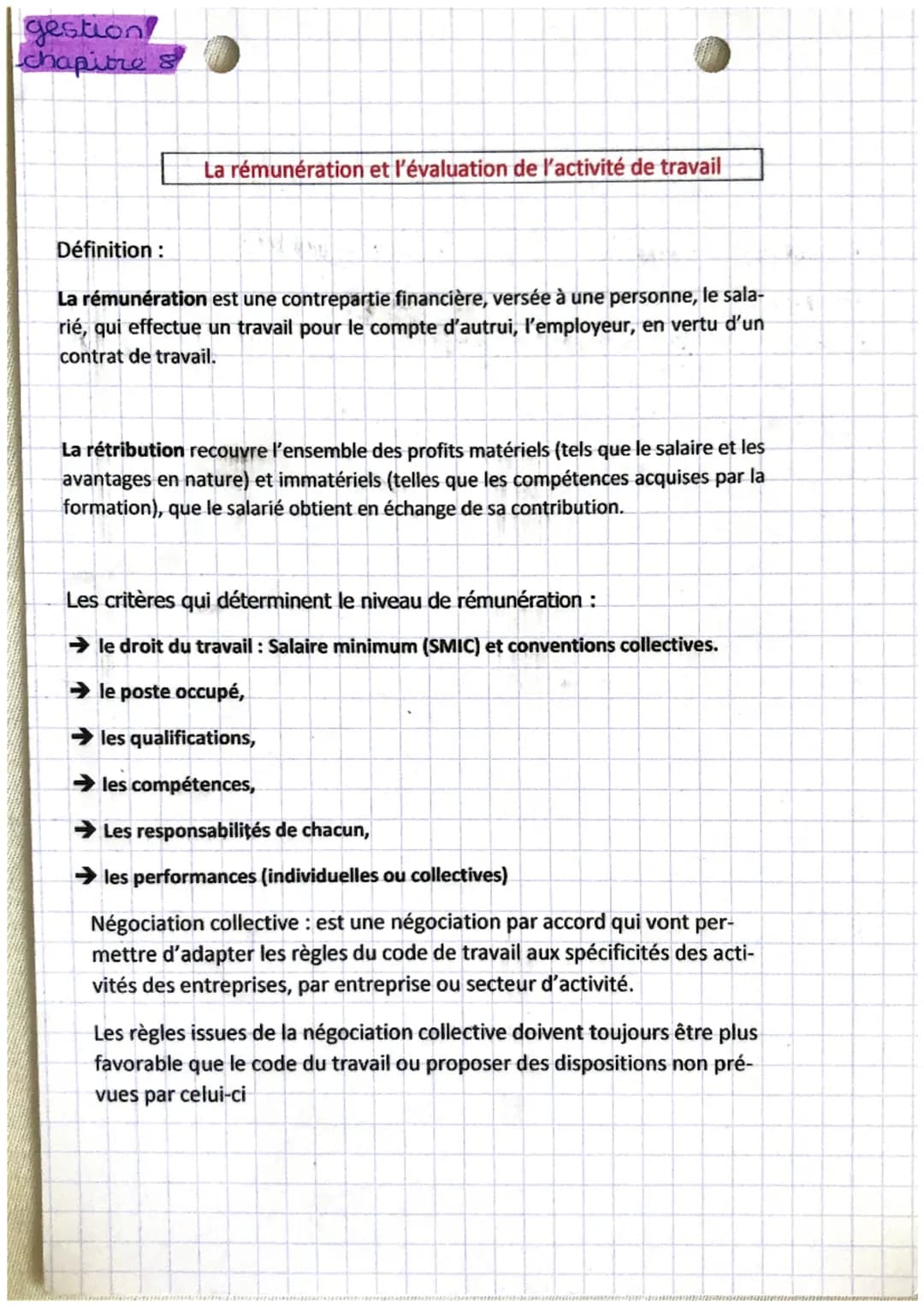 # gestion
# chapitre 8
La rémunération et l'évaluation de l'activité de travail
Définition:
La rémunération est une contrepartie financiè