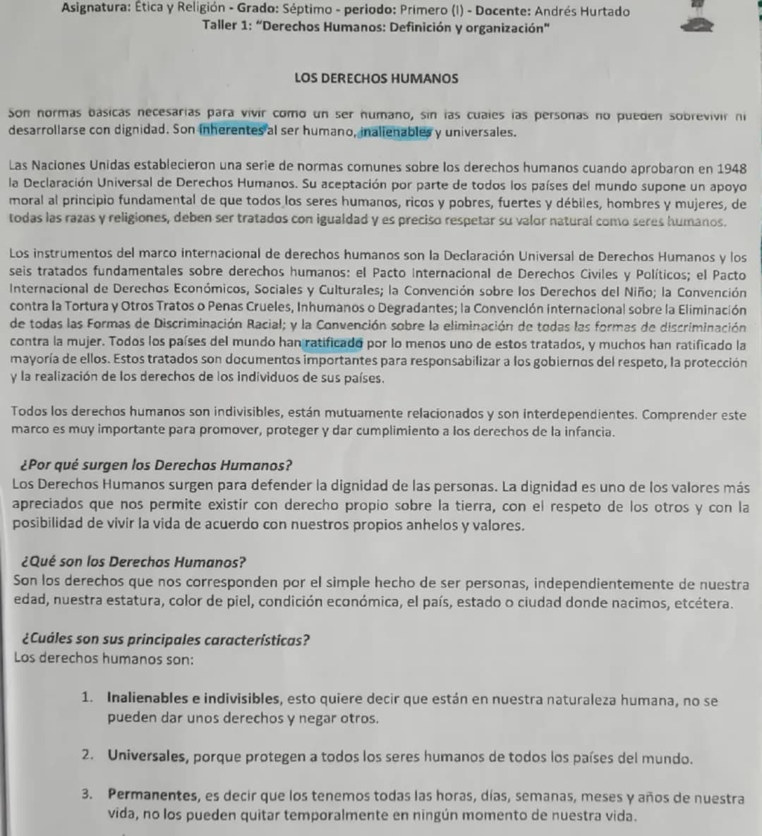 Asignatura: Ética y Religión - Grado: Séptimo - periodo: Primero (1) - Docente: Andrés Hurtado
Taller 1: "Derechos Humanos: Definición y org